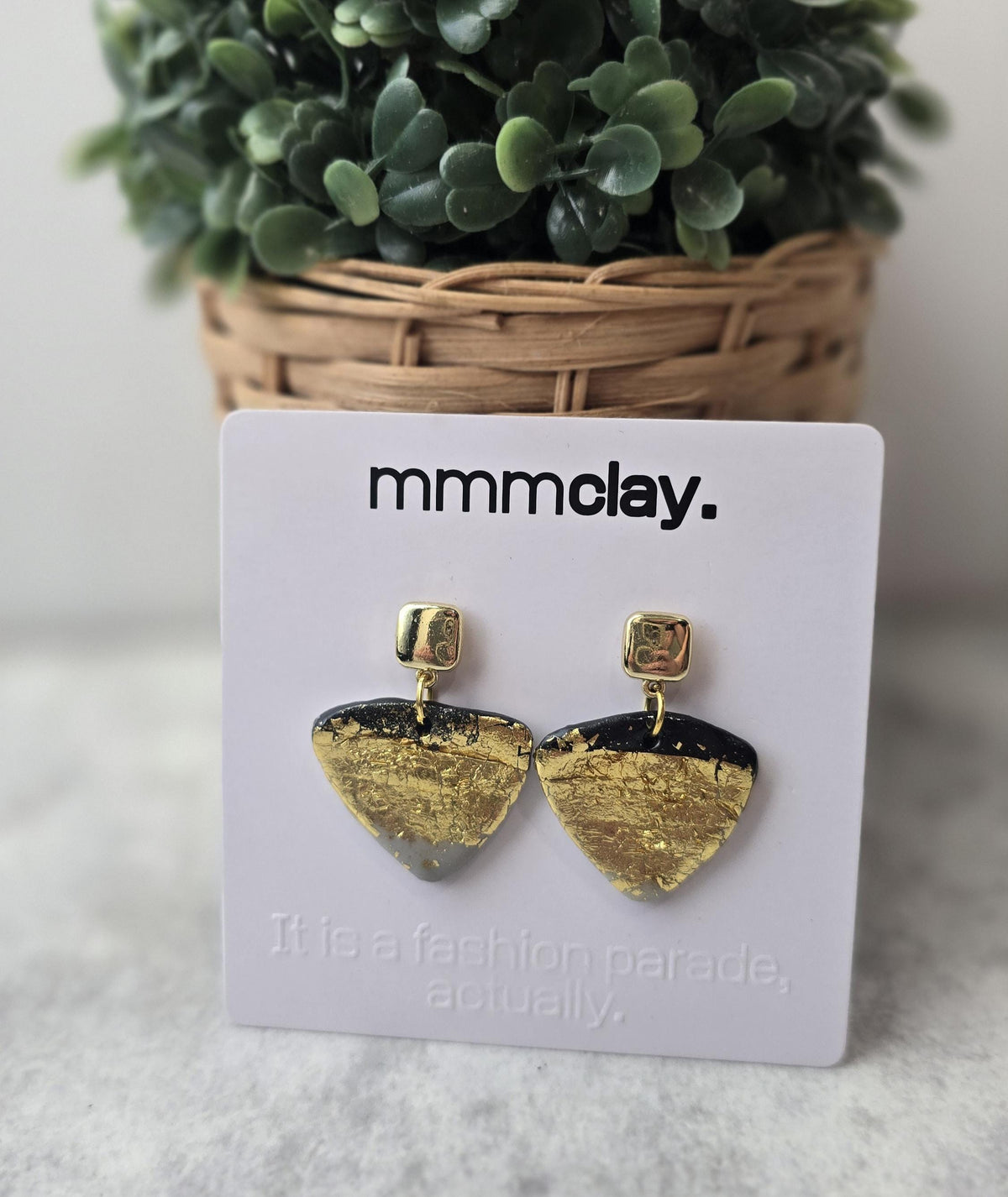 Black and Gold Geometric Triangle Polymer Clay Earrings | 9K Gold Plated