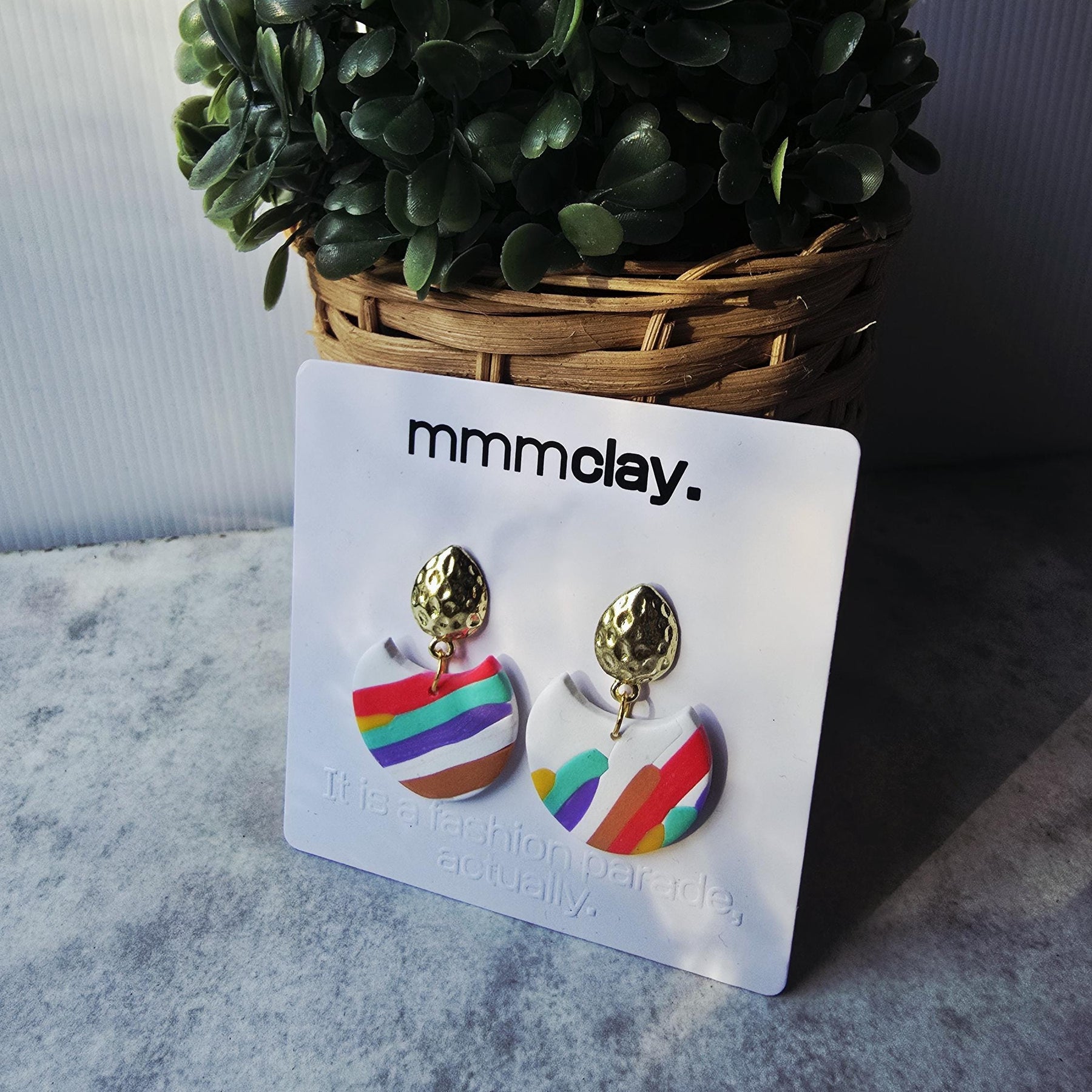 White Rainbow Striped Polymer Clay Drop Earrings