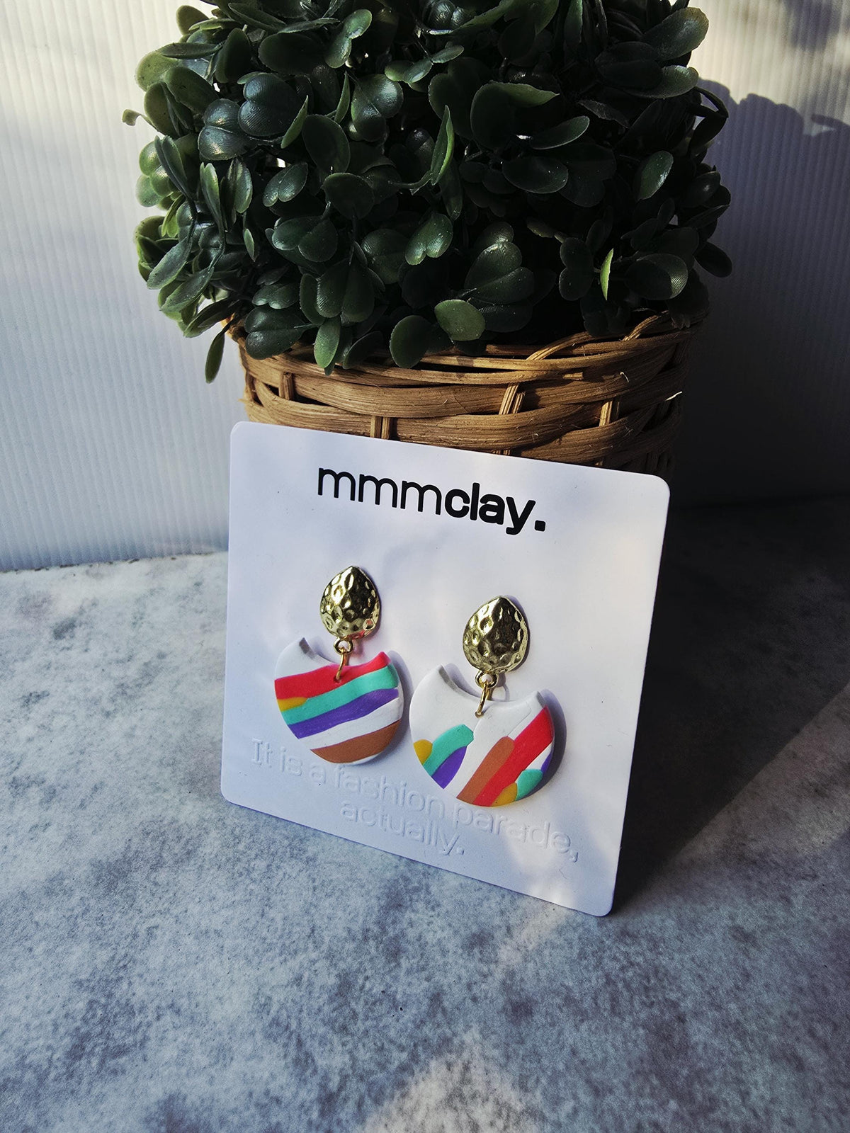White Rainbow Striped Polymer Clay Drop Earrings