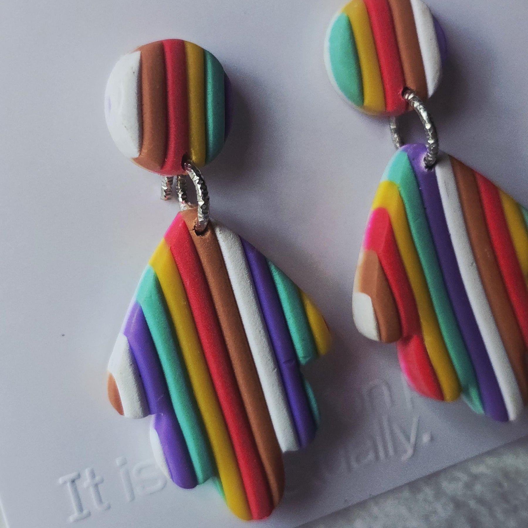 Rainbow Striped Polymer Clay Leaf Dangle Earrings