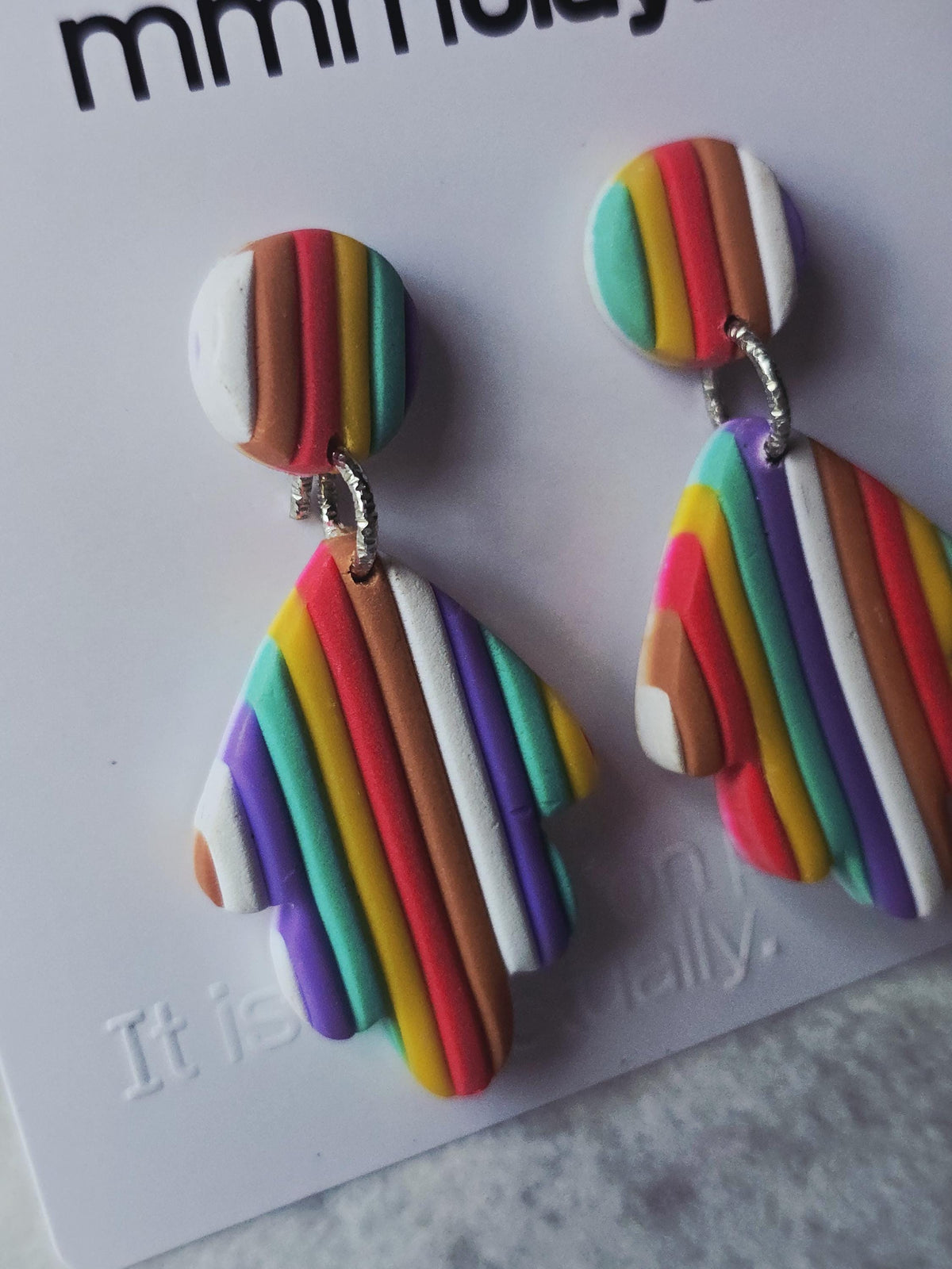 Rainbow Striped Polymer Clay Leaf Dangle Earrings