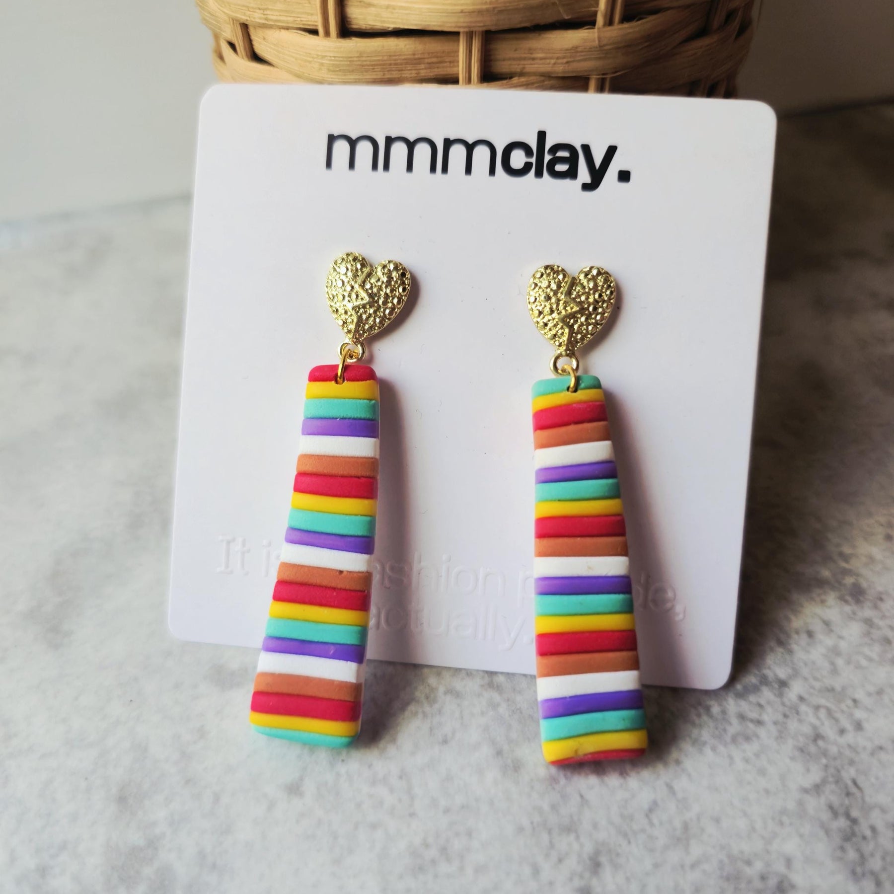 Rainbow Striped Heart Drop Earrings | Handmade Polymer Clay