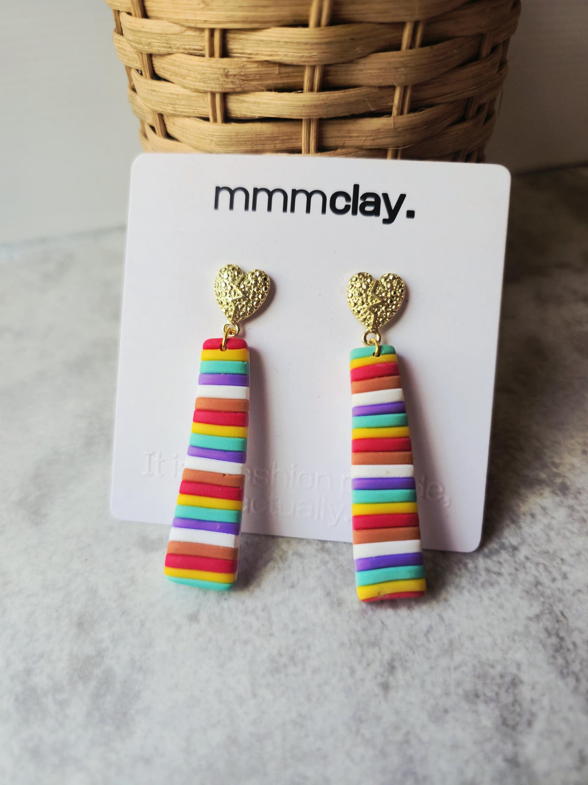 Rainbow Striped Heart Drop Earrings | Handmade Polymer Clay