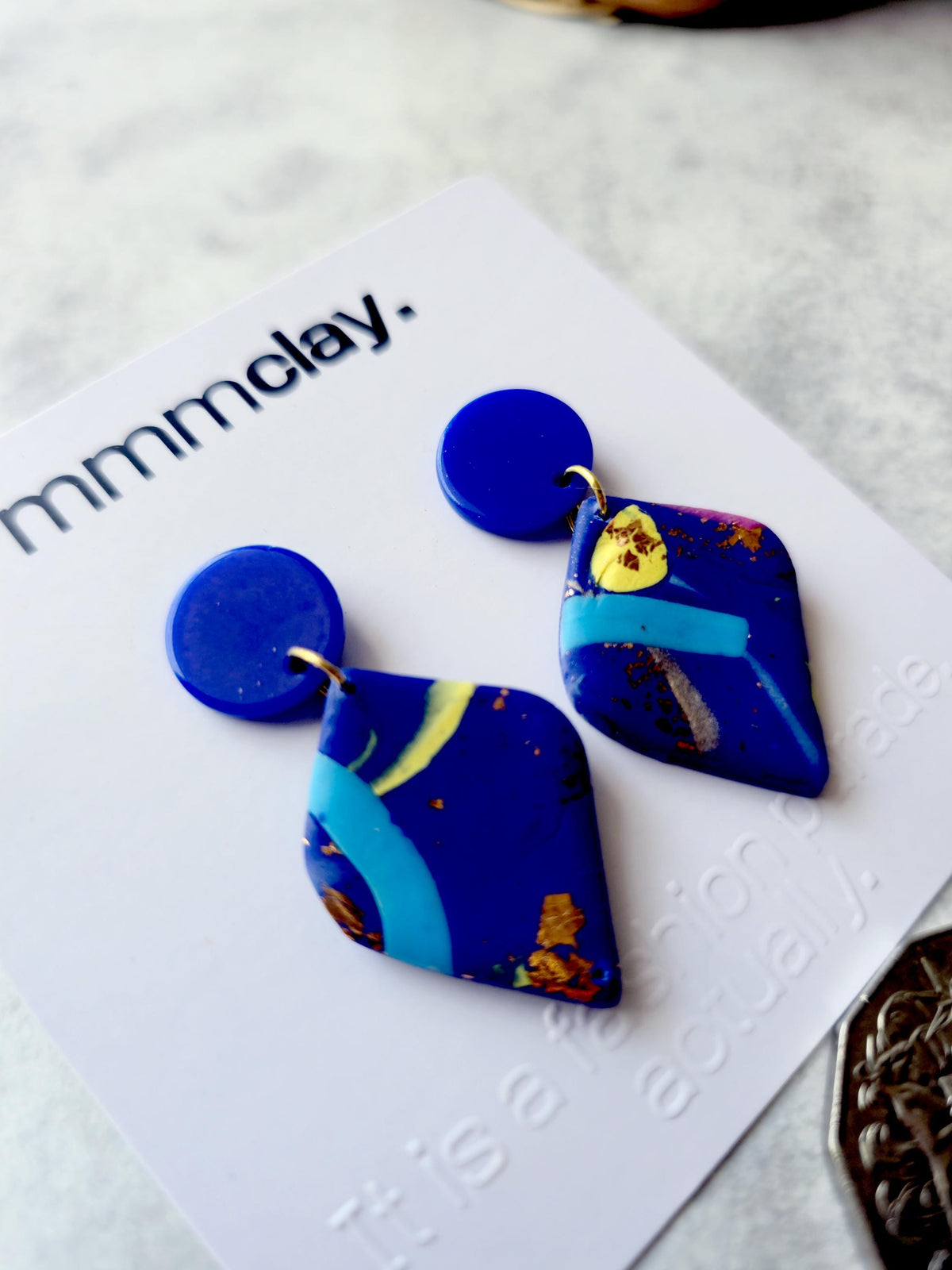 Blue Teardrop Terrazzo Copper Polymer Clay Dangle Earrings