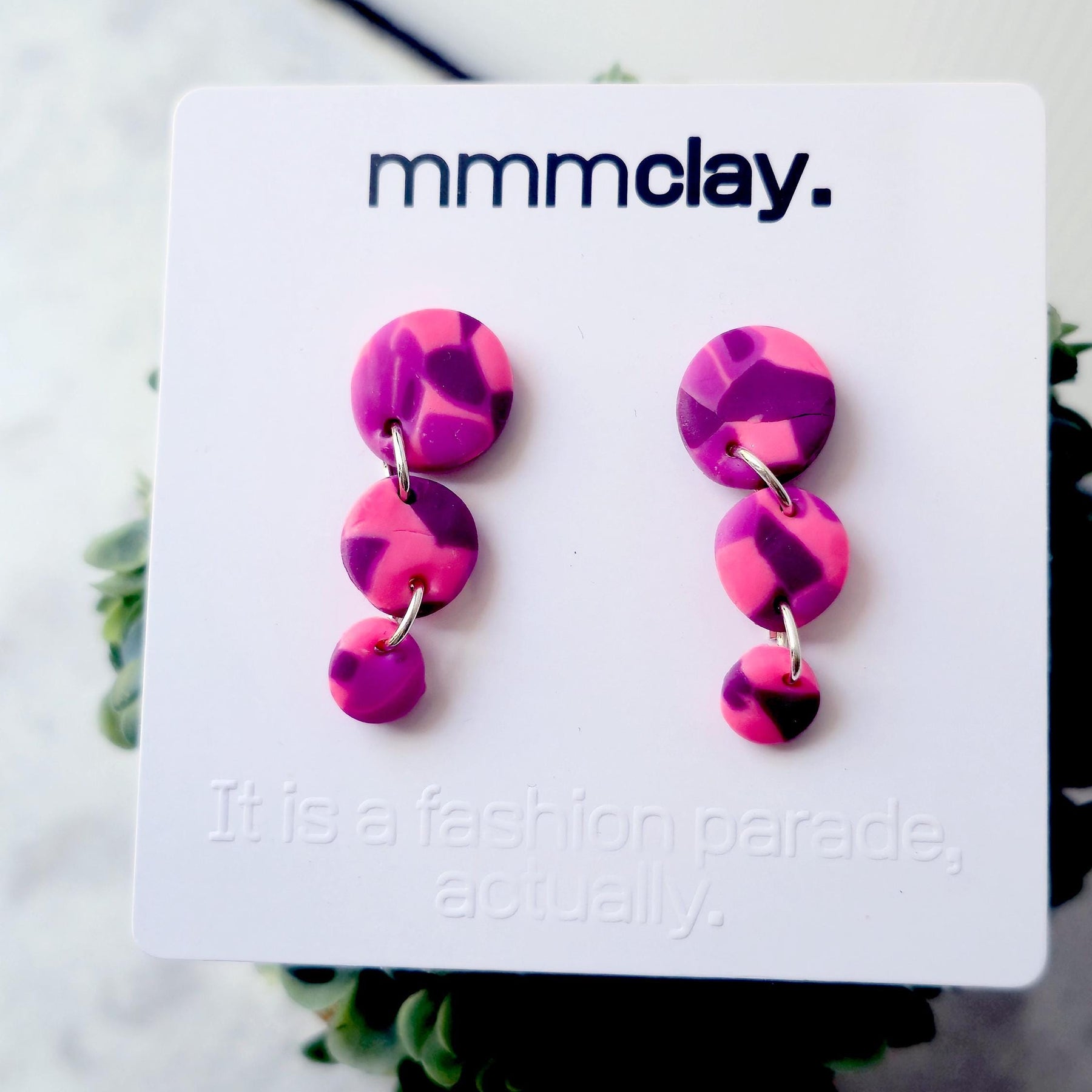 Hot Pink & Purple Triple Drop Polymer Clay Earrings
