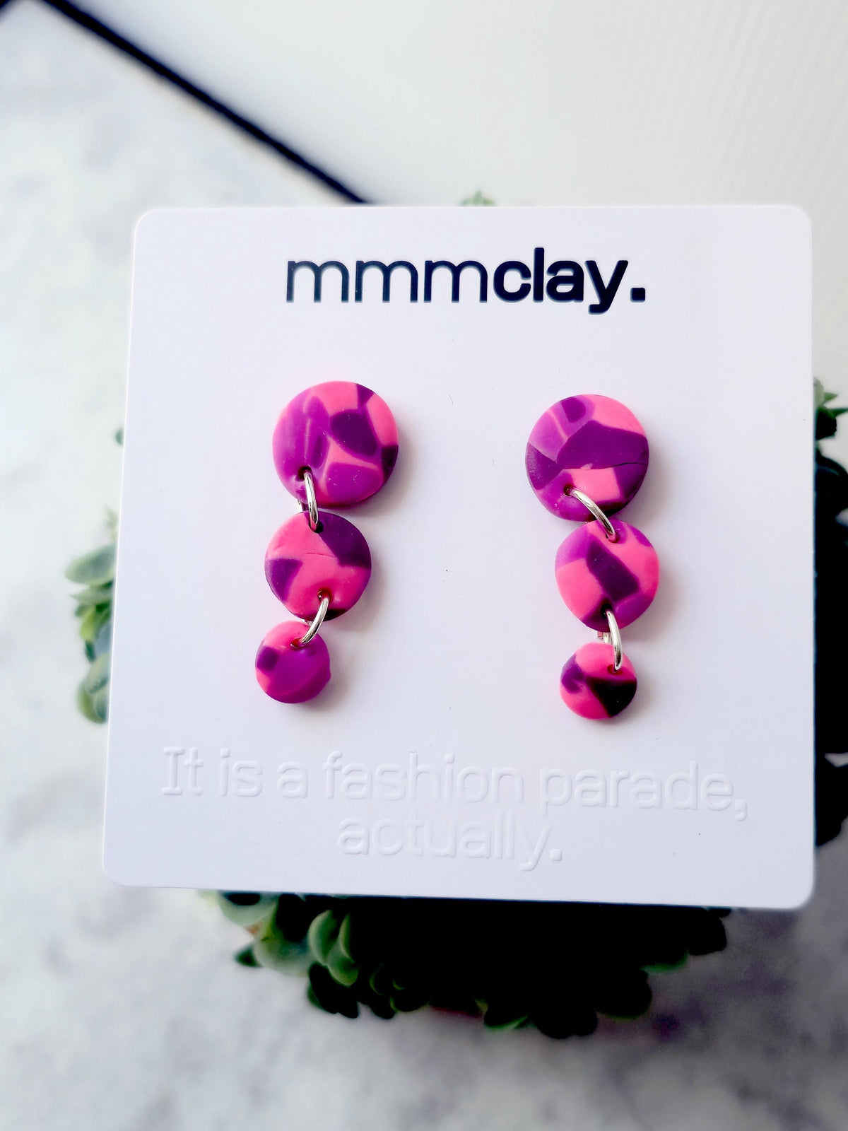 Hot Pink & Purple Triple Drop Polymer Clay Earrings