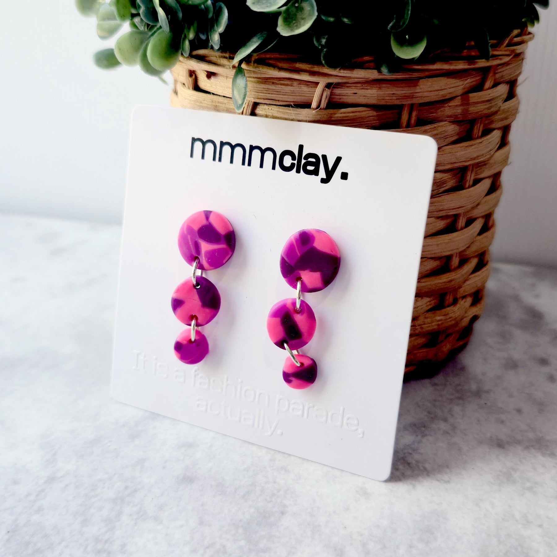 Hot Pink & Purple Triple Drop Polymer Clay Earrings