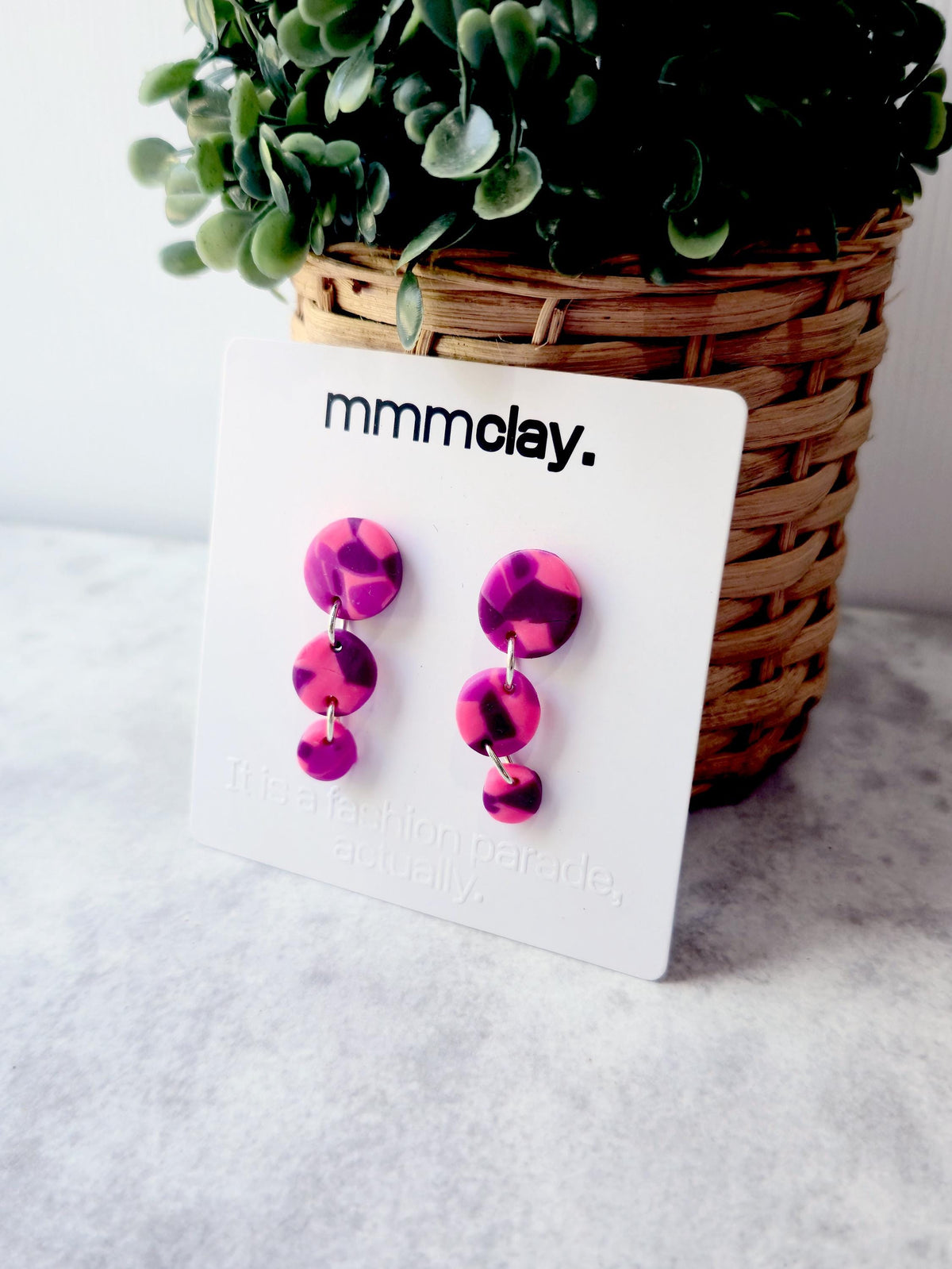 Hot Pink & Purple Triple Drop Polymer Clay Earrings
