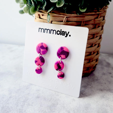 Hot Pink & Purple Triple Drop Polymer Clay Earrings