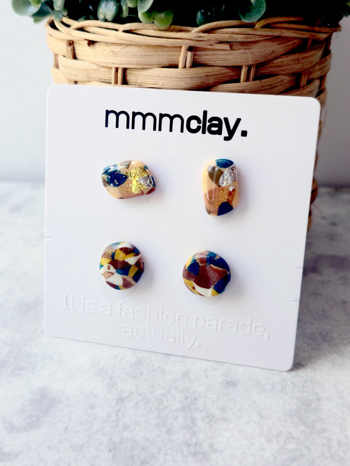 Navy Multicolour Polymer Clay Stud Set | 4 Handmade Earrings