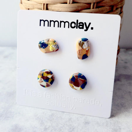 Navy Multicolour Polymer Clay Stud Set | 4 Handmade Earrings