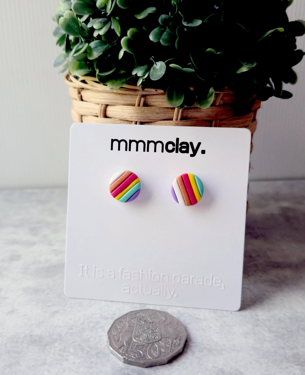 Rainbow Striped Polymer Clay Stud Earrings
