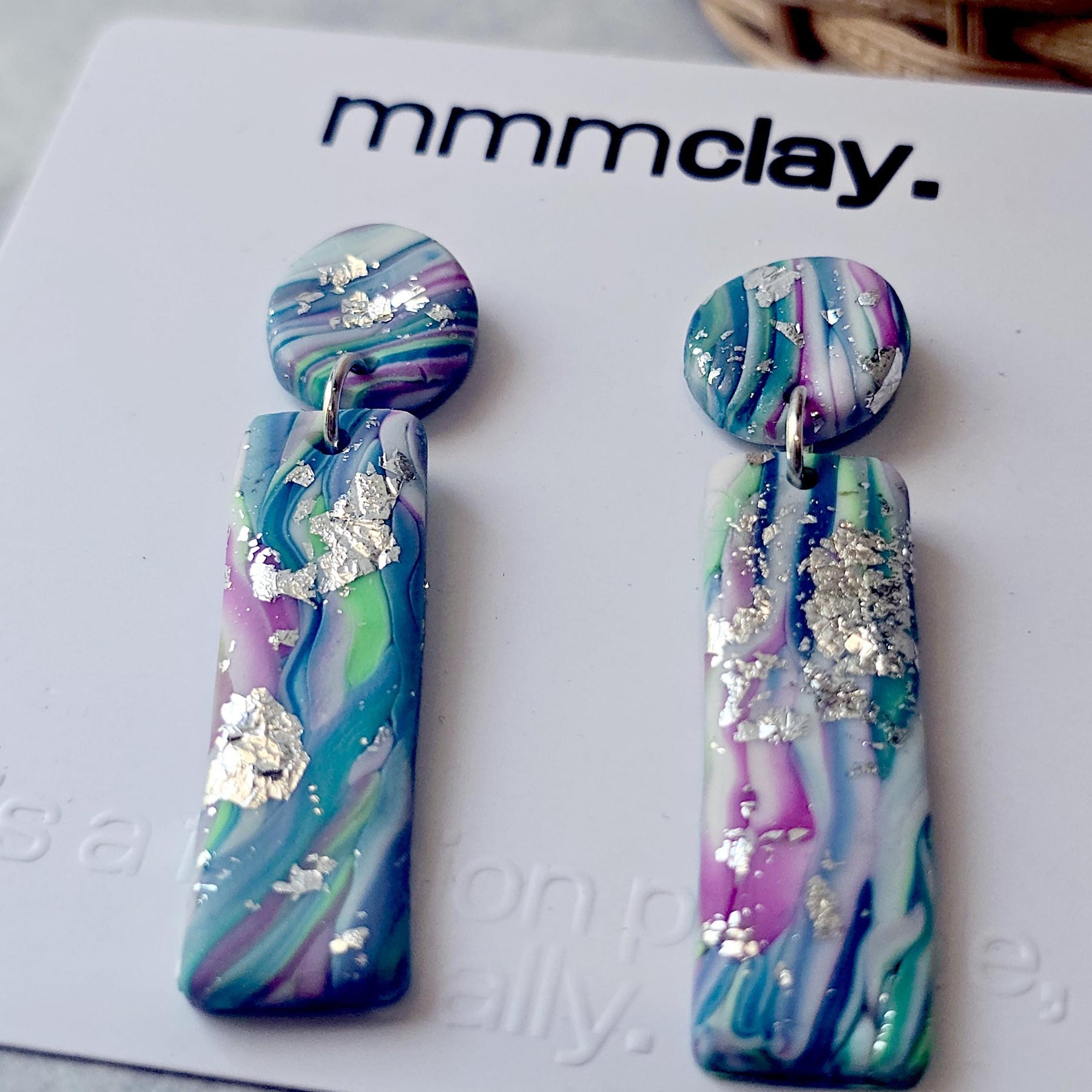 Electric Light Blue Marbled Rectangular Polymer Clay Drop Earrings