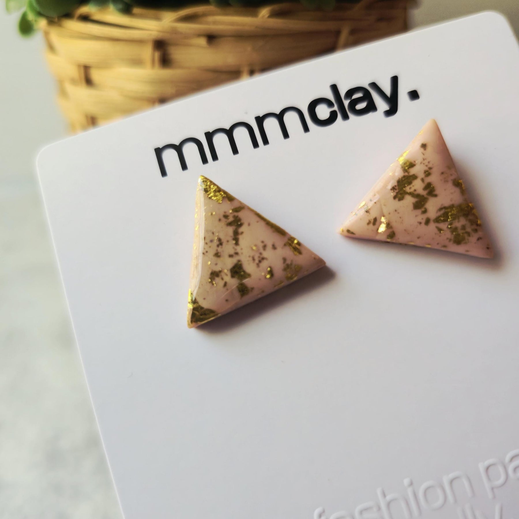 Dusty Pink Triangle Gold Flake Polymer Clay Stud Earrings
