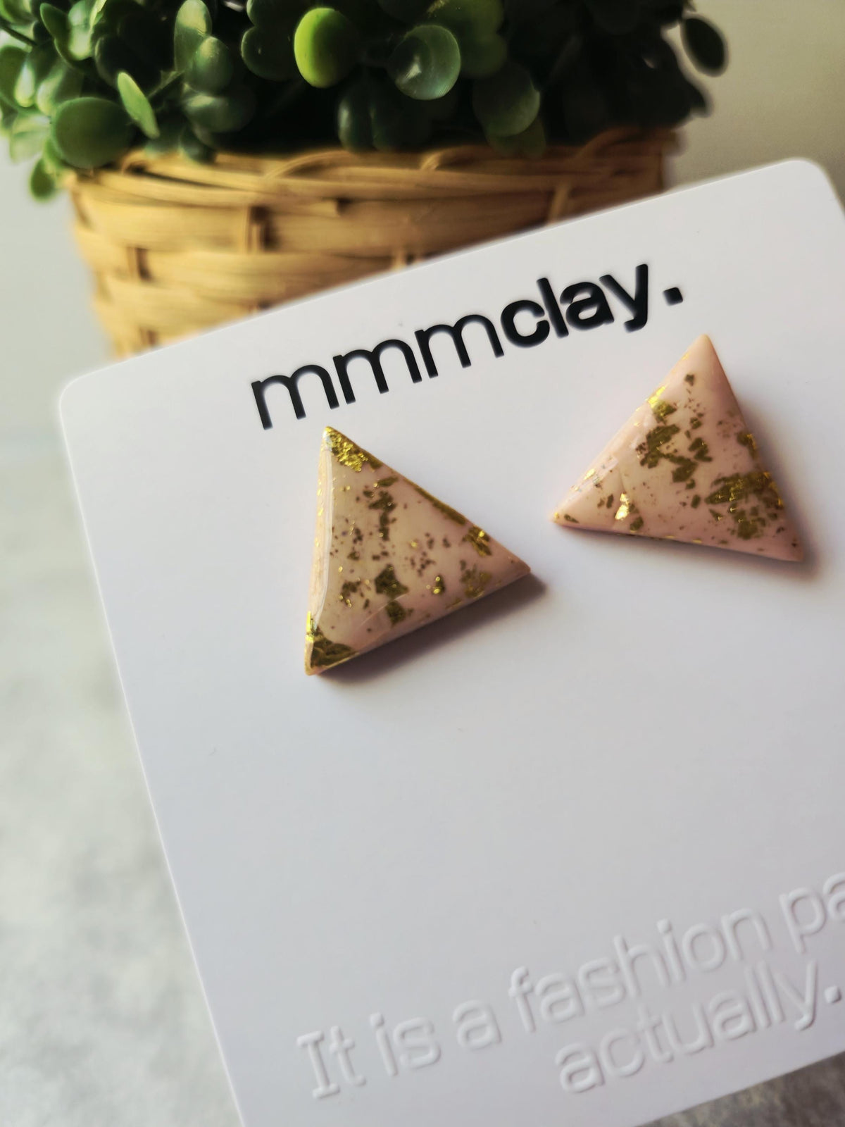 Dusty Pink Triangle Gold Flake Polymer Clay Stud Earrings