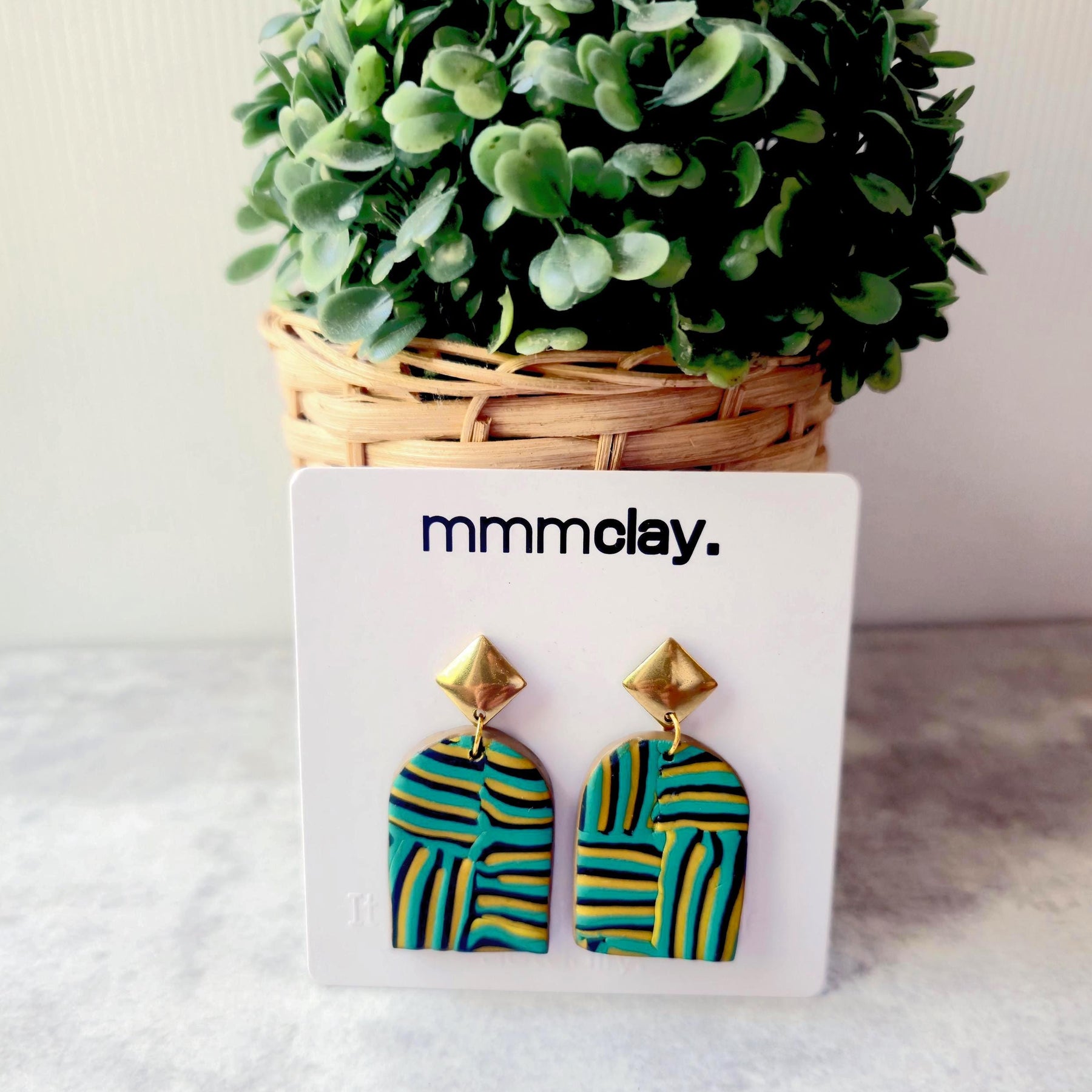 Teal and Mustard Striped Polymer Clay Arch Earrings