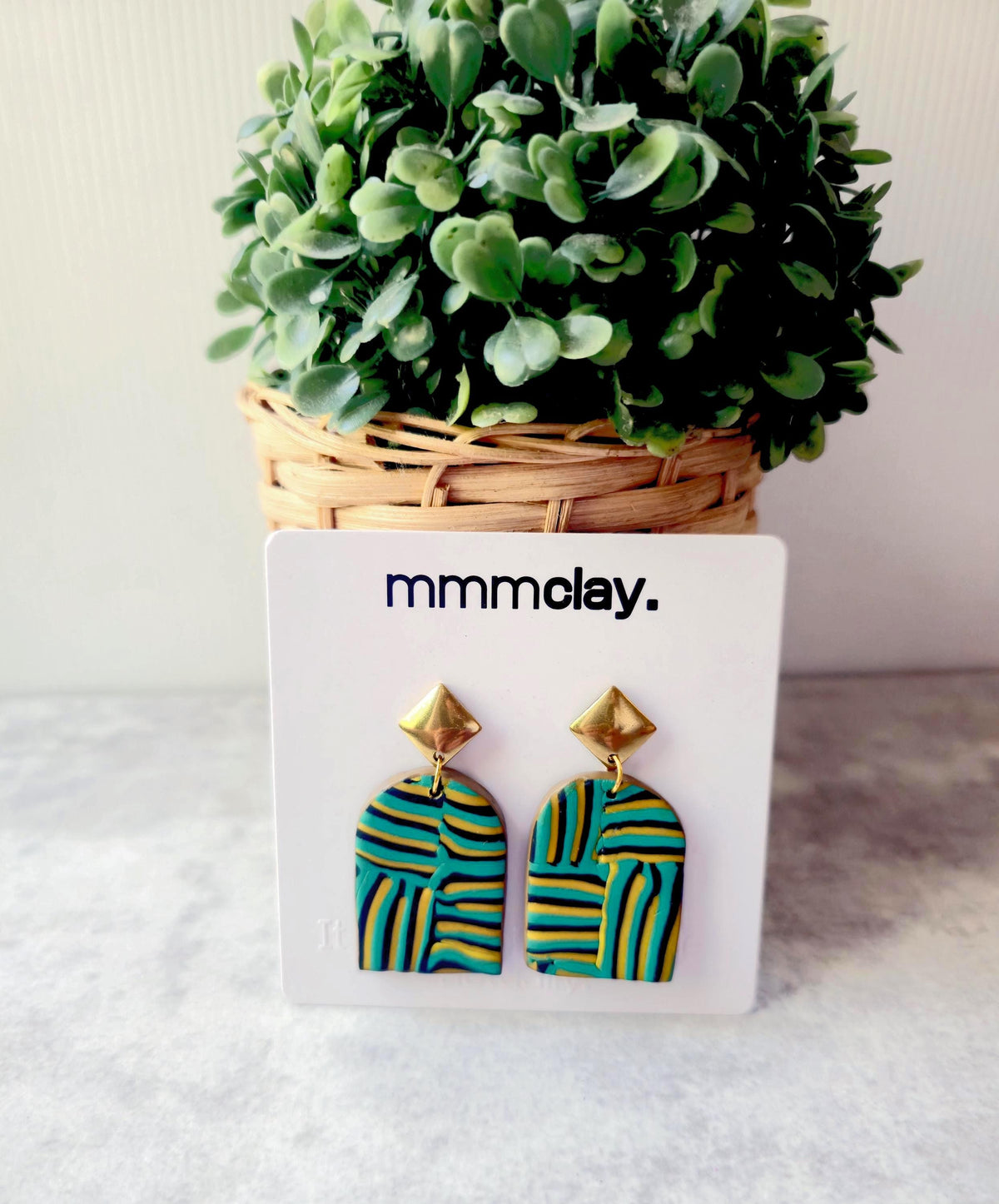 Teal and Mustard Striped Polymer Clay Arch Earrings