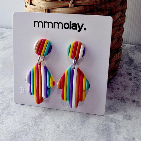 Rainbow Striped Polymer Clay Leaf Dangle Earrings
