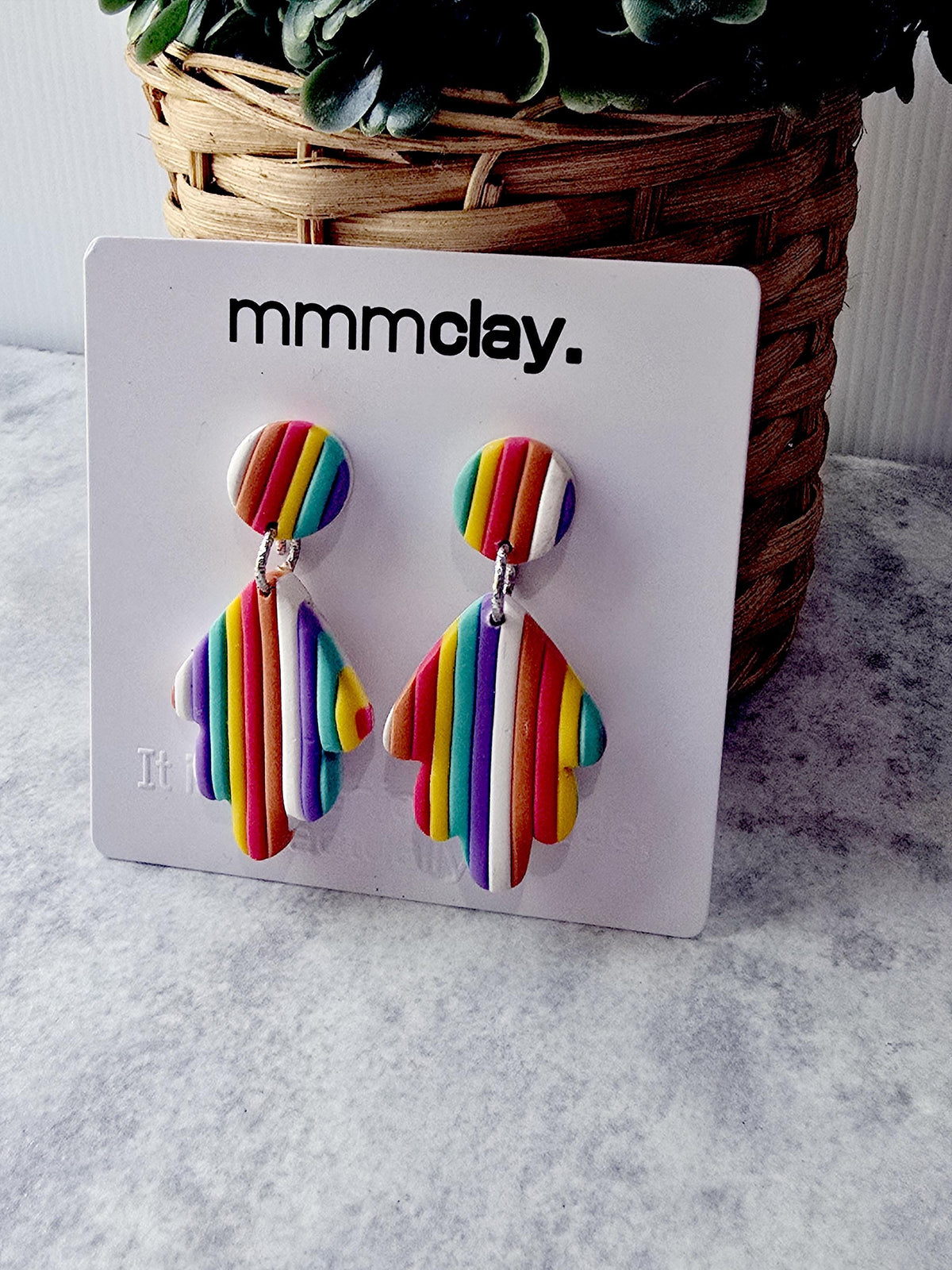 Rainbow Striped Leaf Drop Earrings | Handmade Polymer Clay
