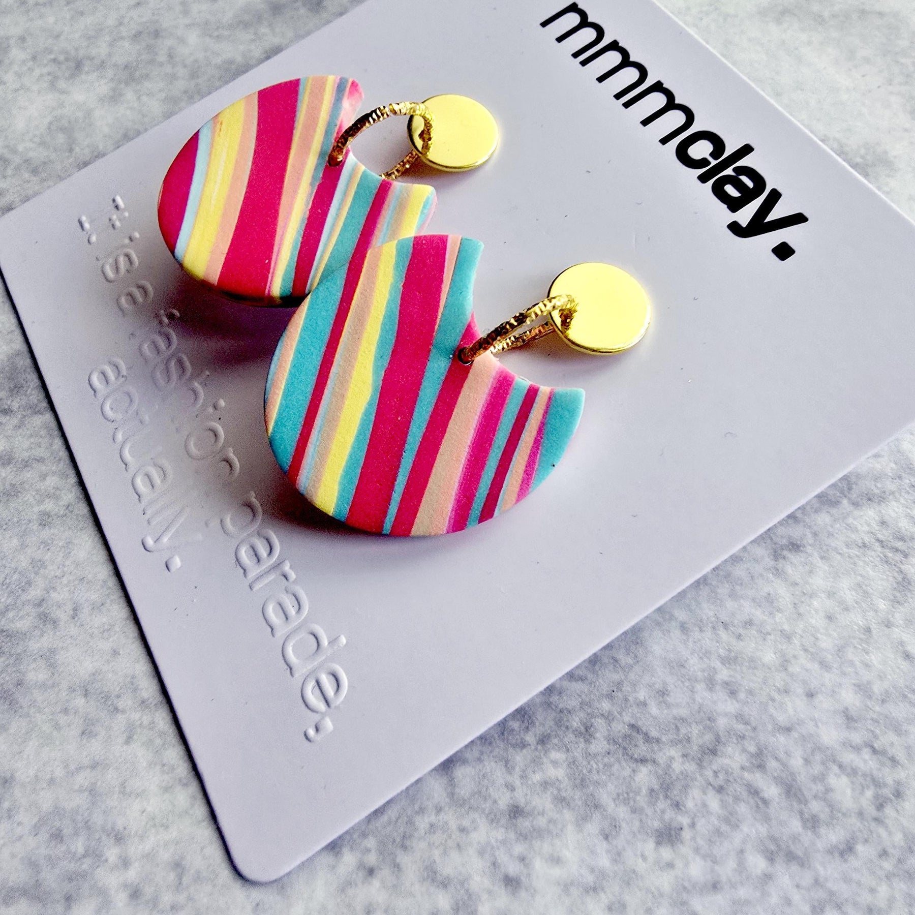 Multicolour Striped Polymer Clay Statement Drop Earrings | 9K Gold Plated