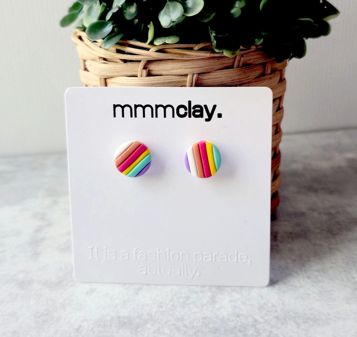 Rainbow Striped Polymer Clay Stud Earrings