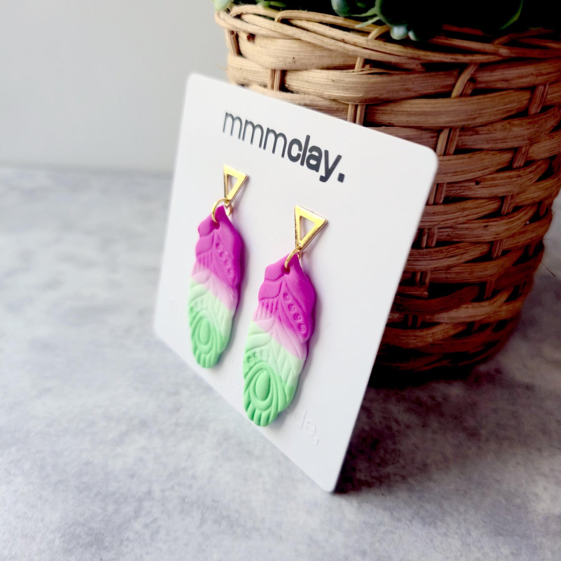 Mint & Neon Pink Polymer Clay Feather Earrings