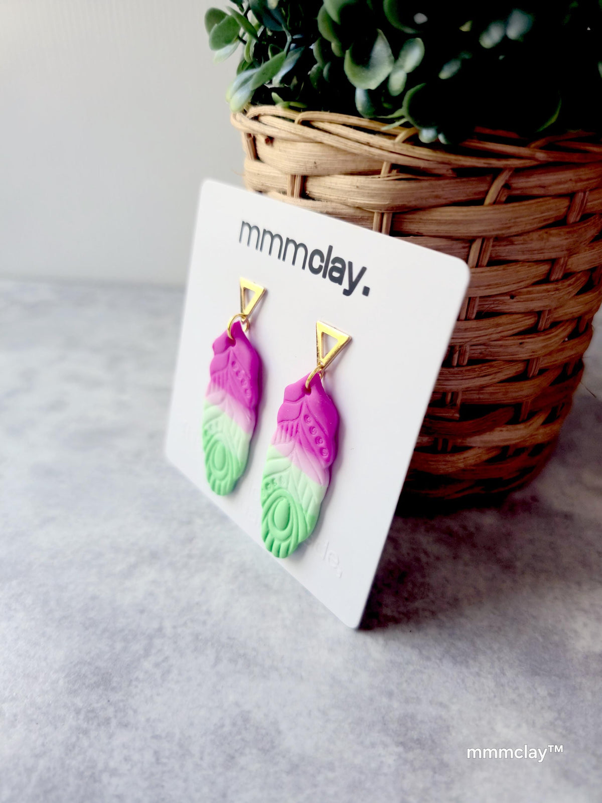 Mint & Neon Pink Polymer Clay Feather Earrings