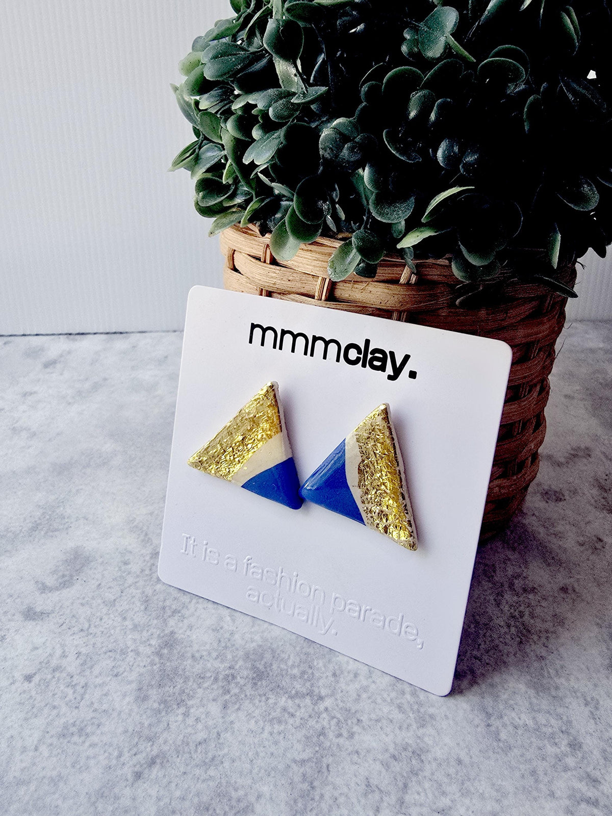Bright Blue Gold Triangle Handmade Polymer Clay Studs