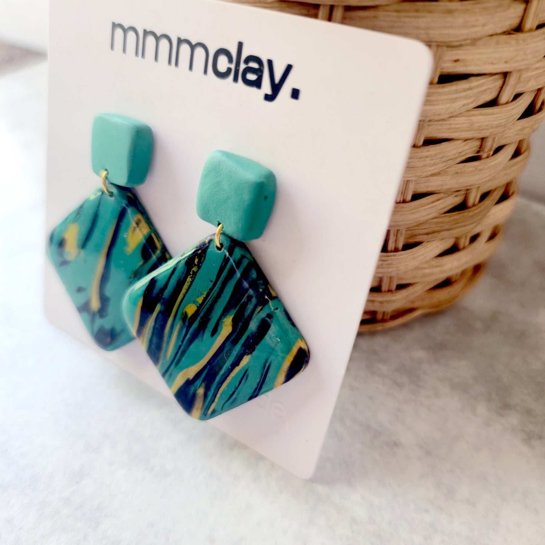Teal Mustard Black Geometric Polymer Clay Dangle Earrings