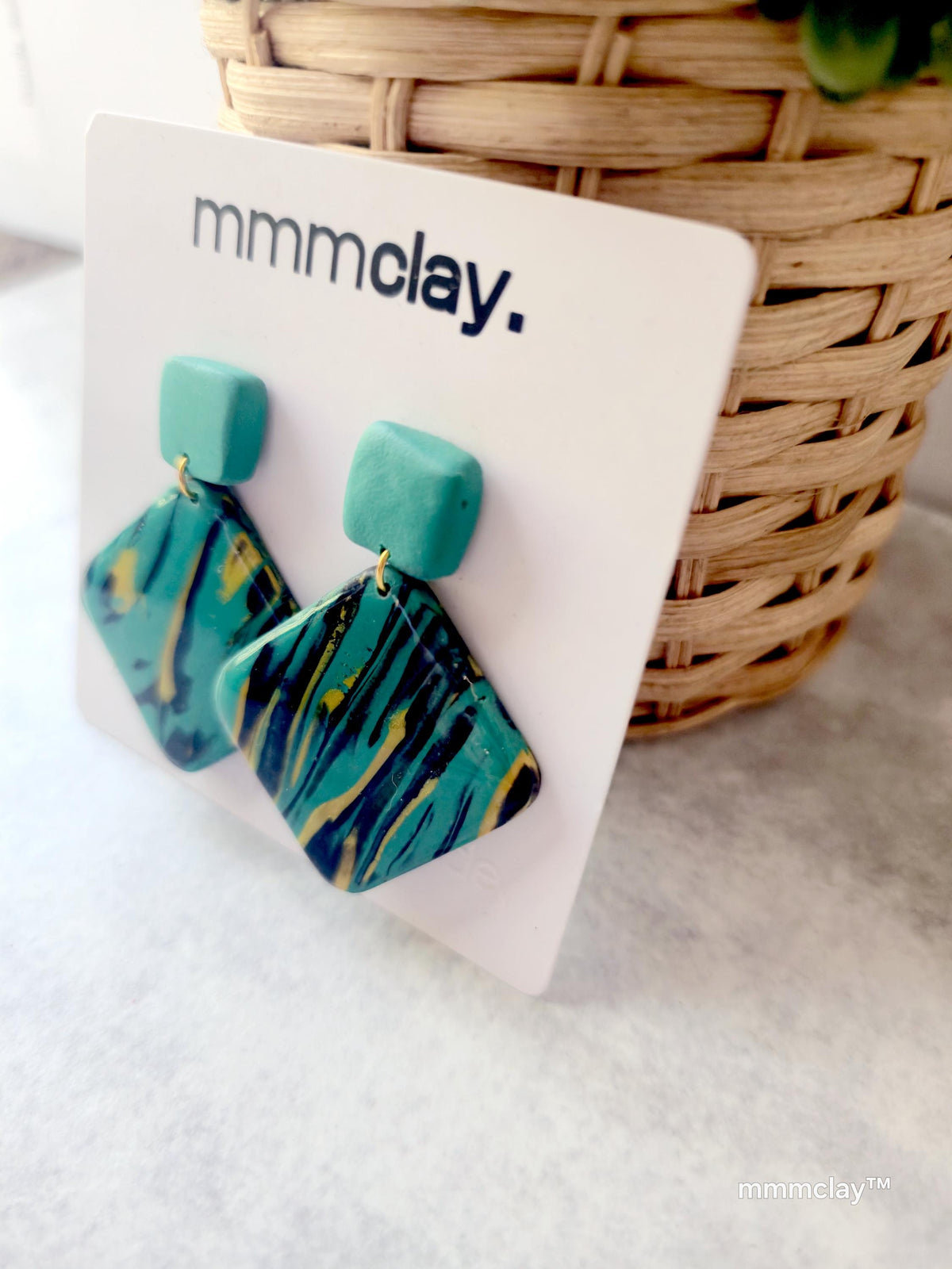 Teal Mustard Black Geometric Polymer Clay Dangle Earrings