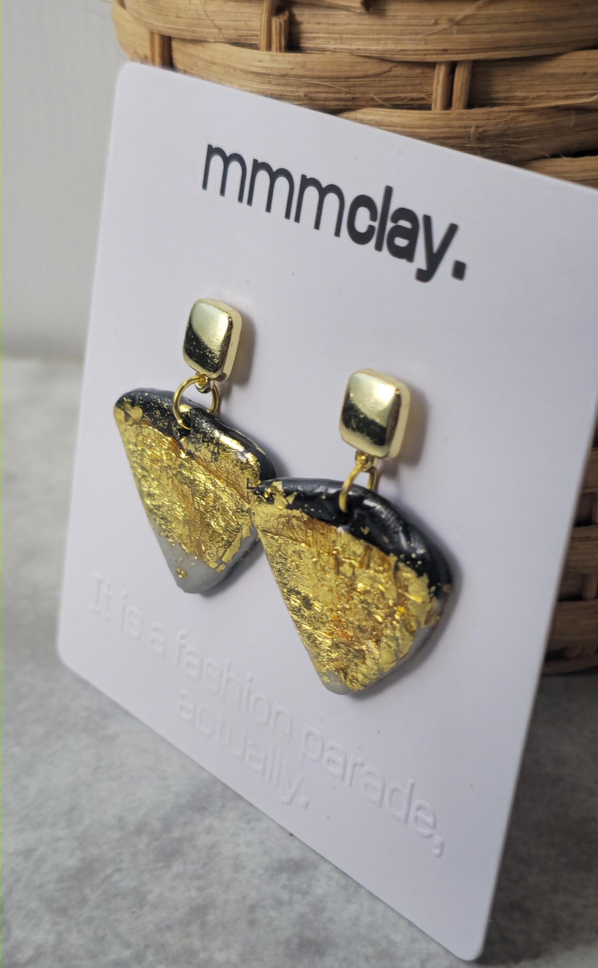 Black and Gold Geometric Triangle Polymer Clay Earrings | 9K Gold Plated