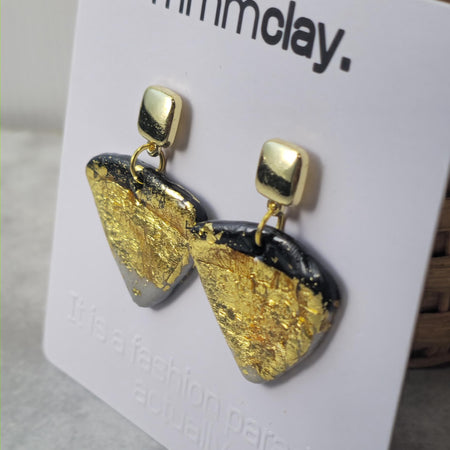 Black and Gold Geometric Triangle Polymer Clay Earrings | 9K Gold Plated