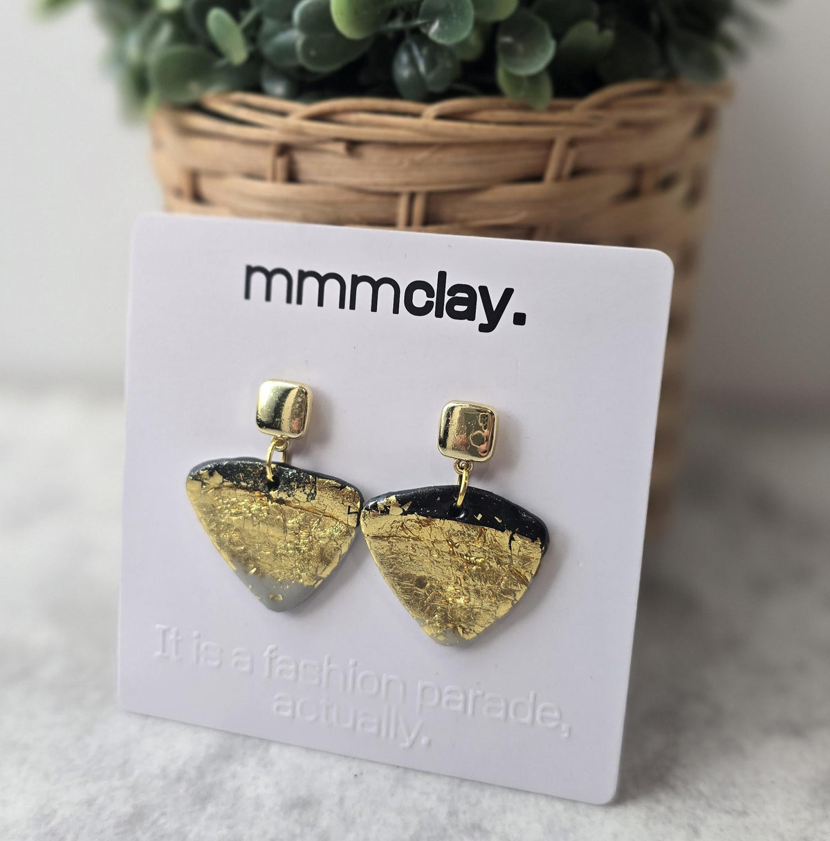 Black and Gold Geometric Triangle Polymer Clay Earrings | 9K Gold Plated