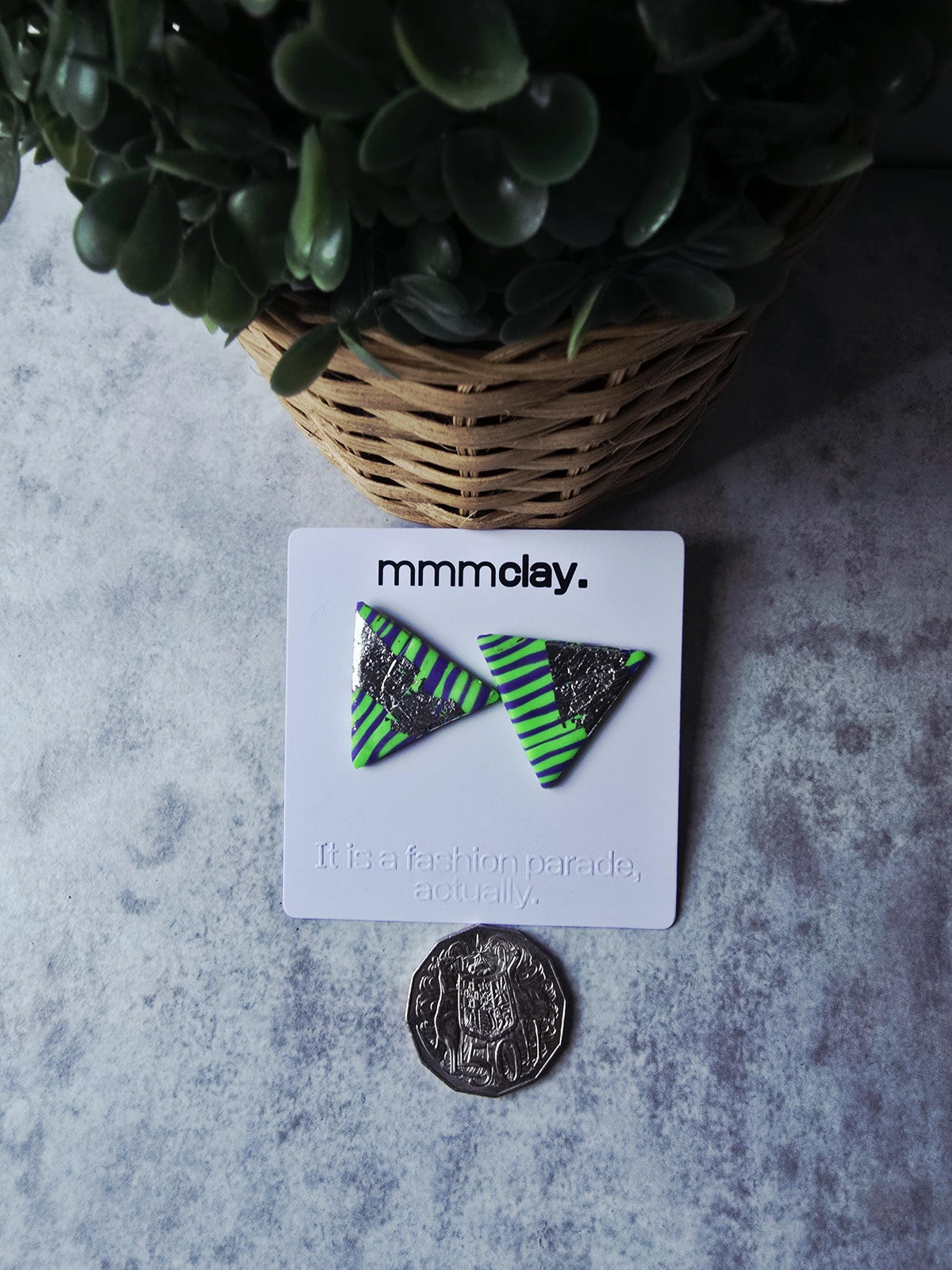 Neon Green Purple Triangle Studs