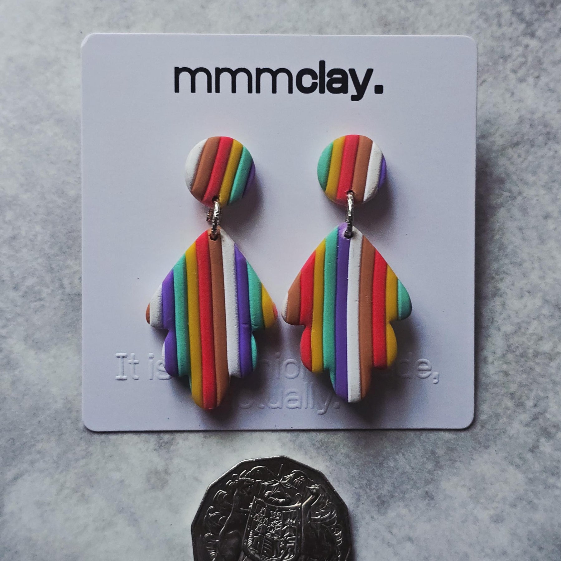 Rainbow Striped Polymer Clay Leaf Dangle Earrings