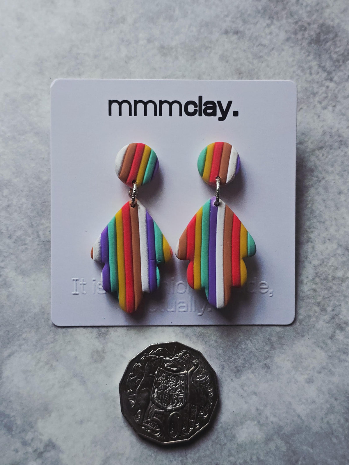 Rainbow Striped Polymer Clay Leaf Dangle Earrings