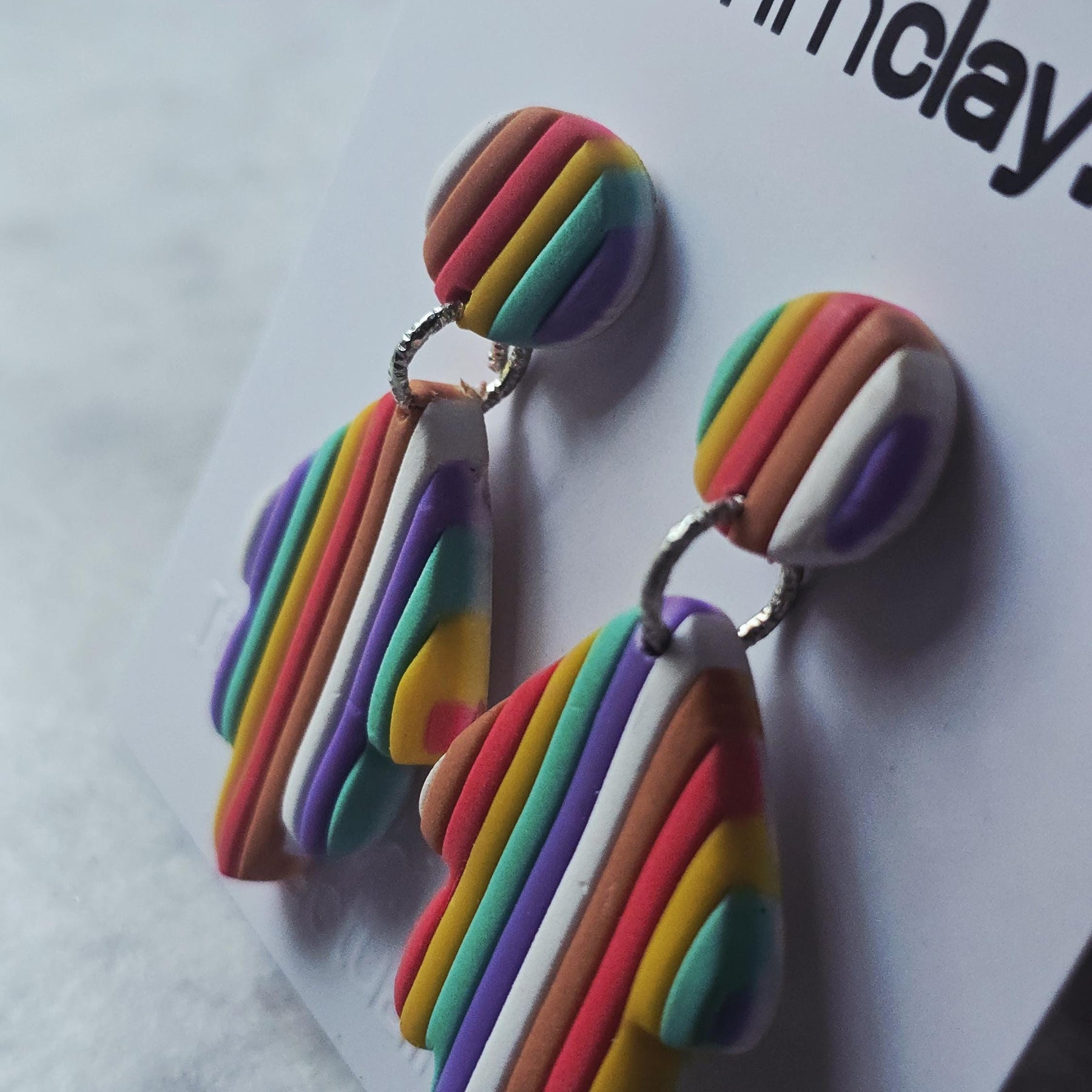 Rainbow Striped Polymer Clay Leaf Dangle Earrings