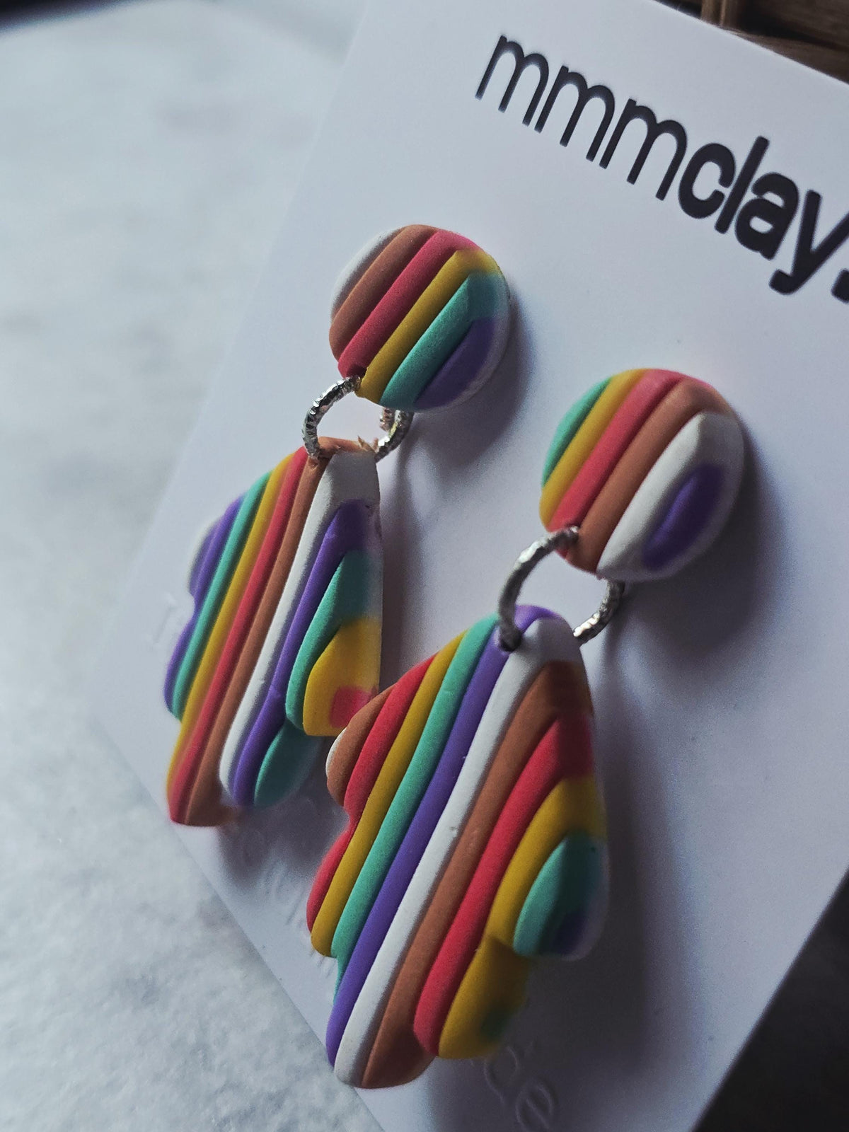 Rainbow Striped Polymer Clay Leaf Dangle Earrings