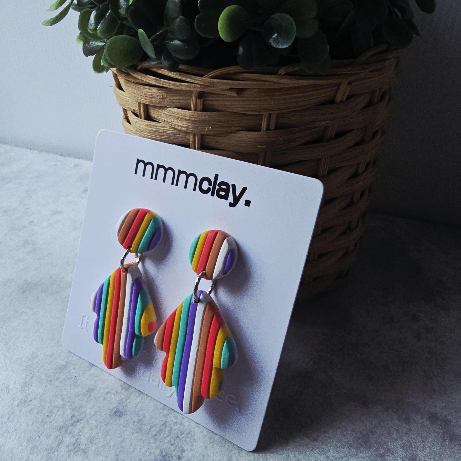 Rainbow Striped Polymer Clay Leaf Dangle Earrings