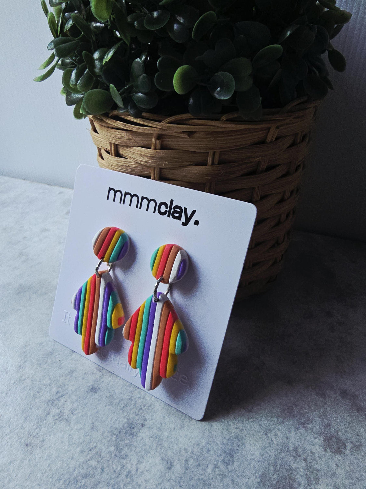 Rainbow Striped Polymer Clay Leaf Dangle Earrings