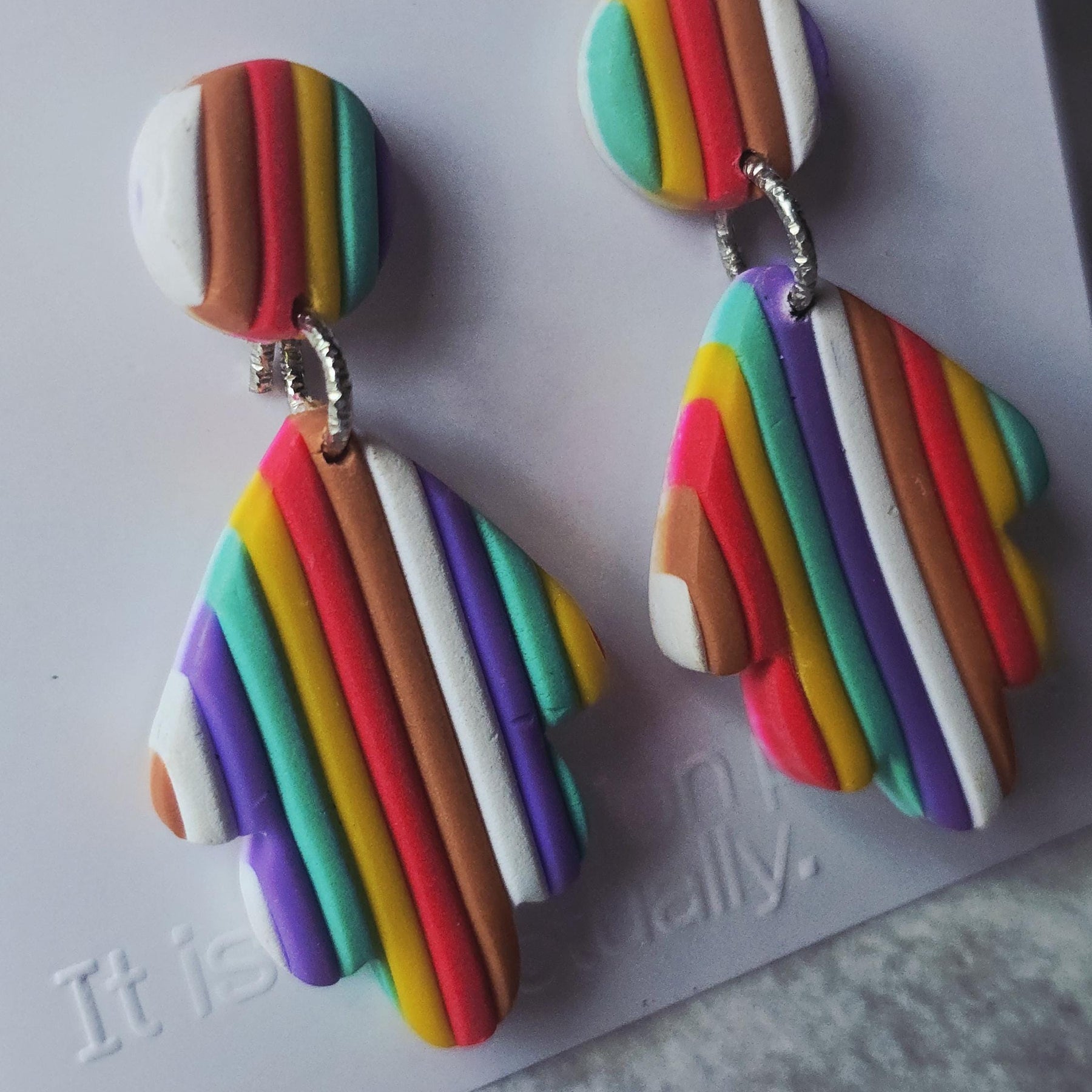 Rainbow Striped Polymer Clay Leaf Dangle Earrings