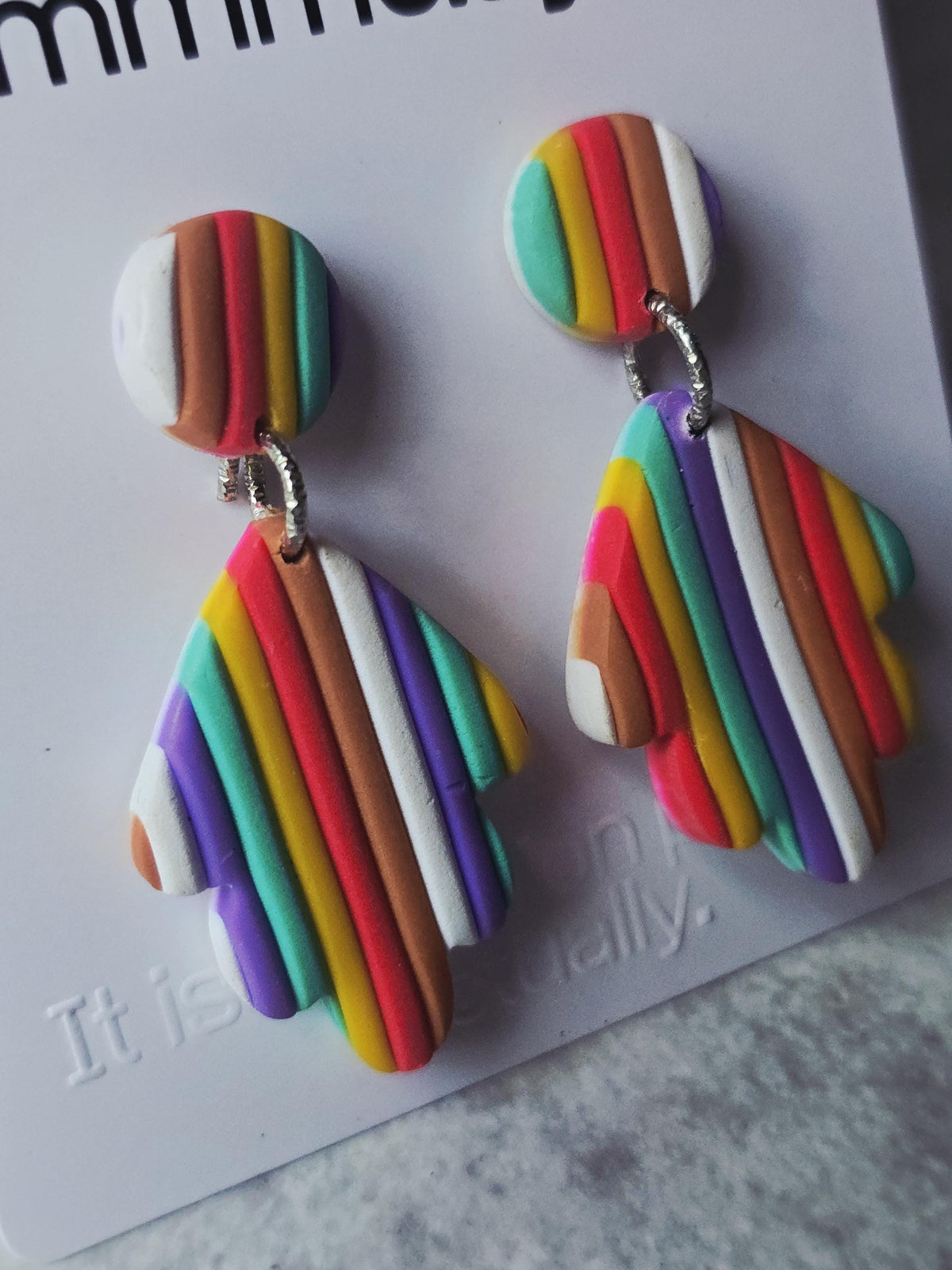 Rainbow Striped Polymer Clay Leaf Dangle Earrings