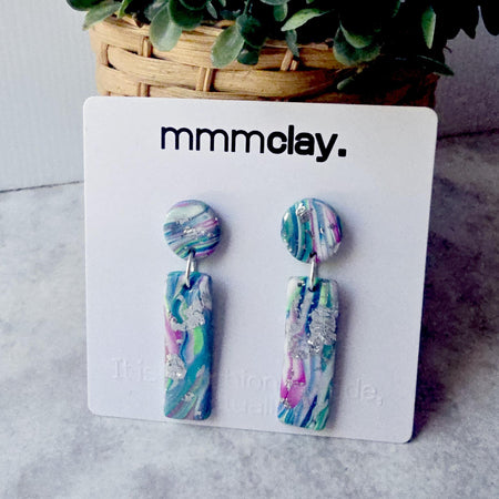 Electric Light Blue Marbled Rectanglular Polymer Clay Drops