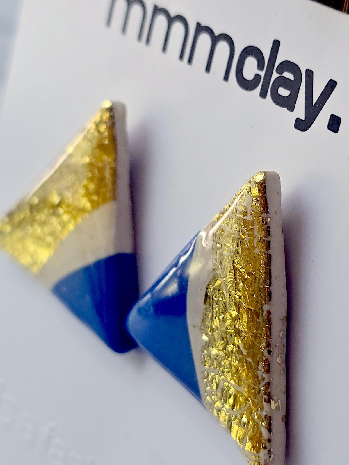 Bright Blue Gold Triangle Handmade Polymer Clay Studs