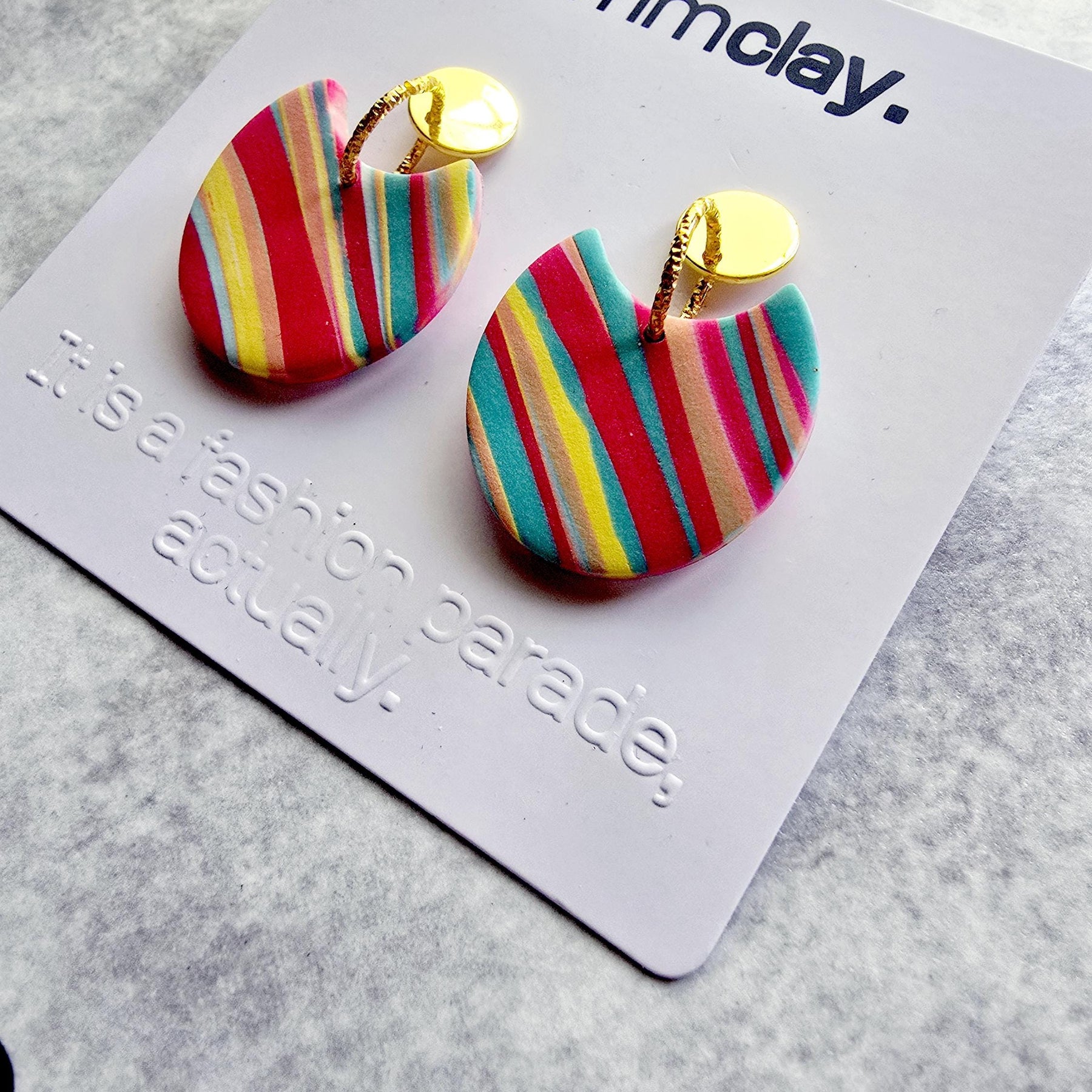 Multicolour Striped Polymer Clay Statement Drop Earrings | 9K Gold Plated