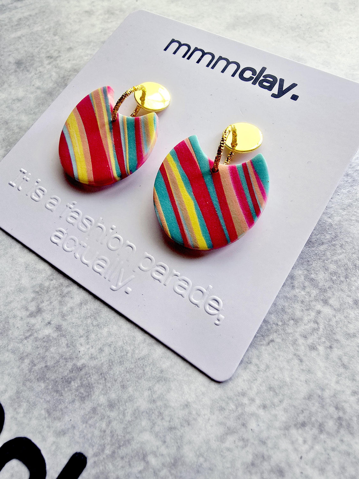 Multicolour Striped Polymer Clay Statement Drop Earrings | 9K Gold Plated