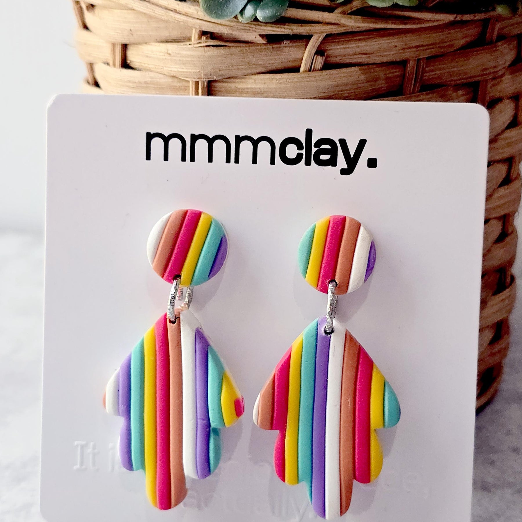 Rainbow Striped Polymer Clay Leaf Dangle Earrings