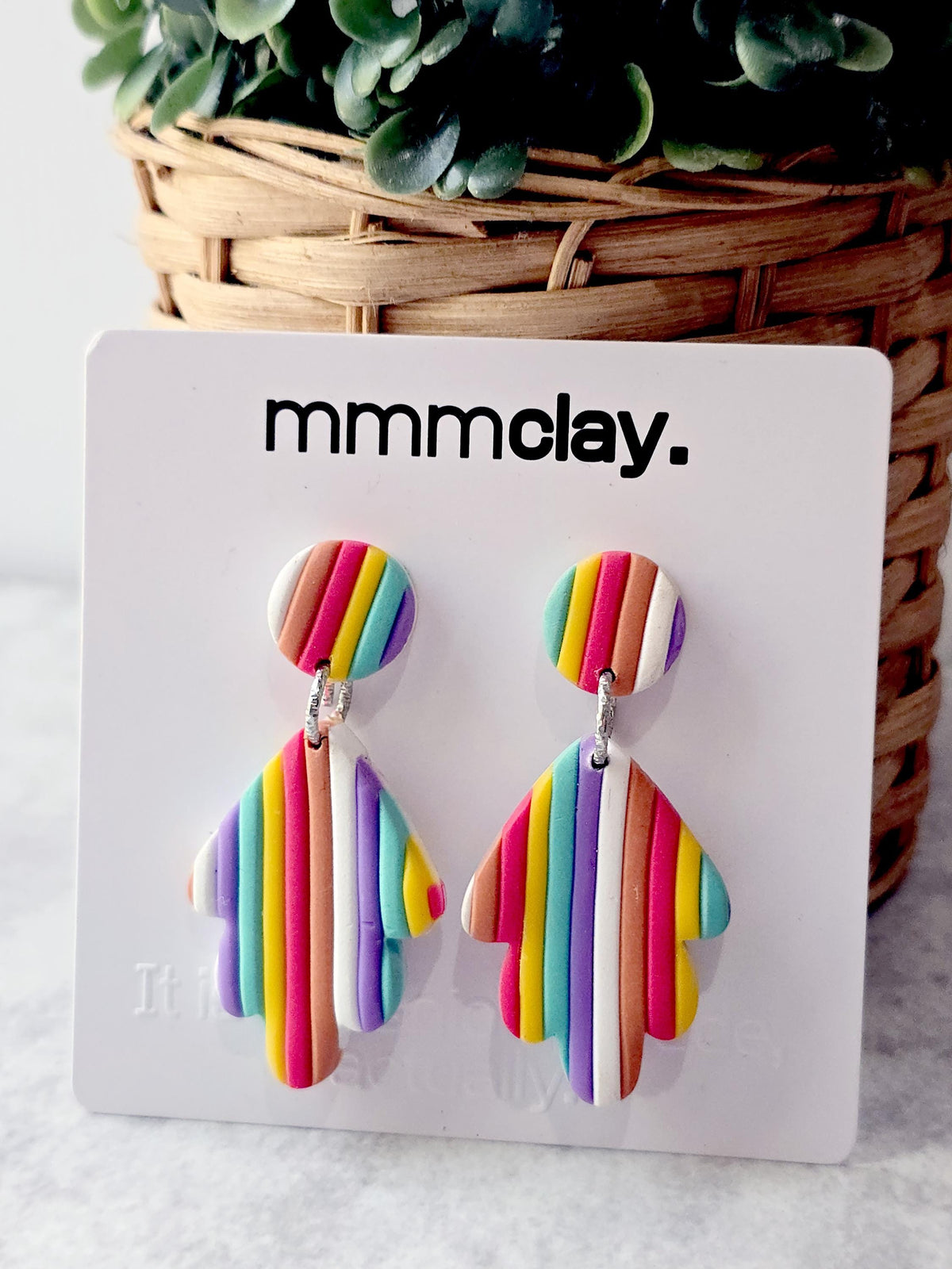 Rainbow Striped Leaf Drop Earrings | Handmade Polymer Clay
