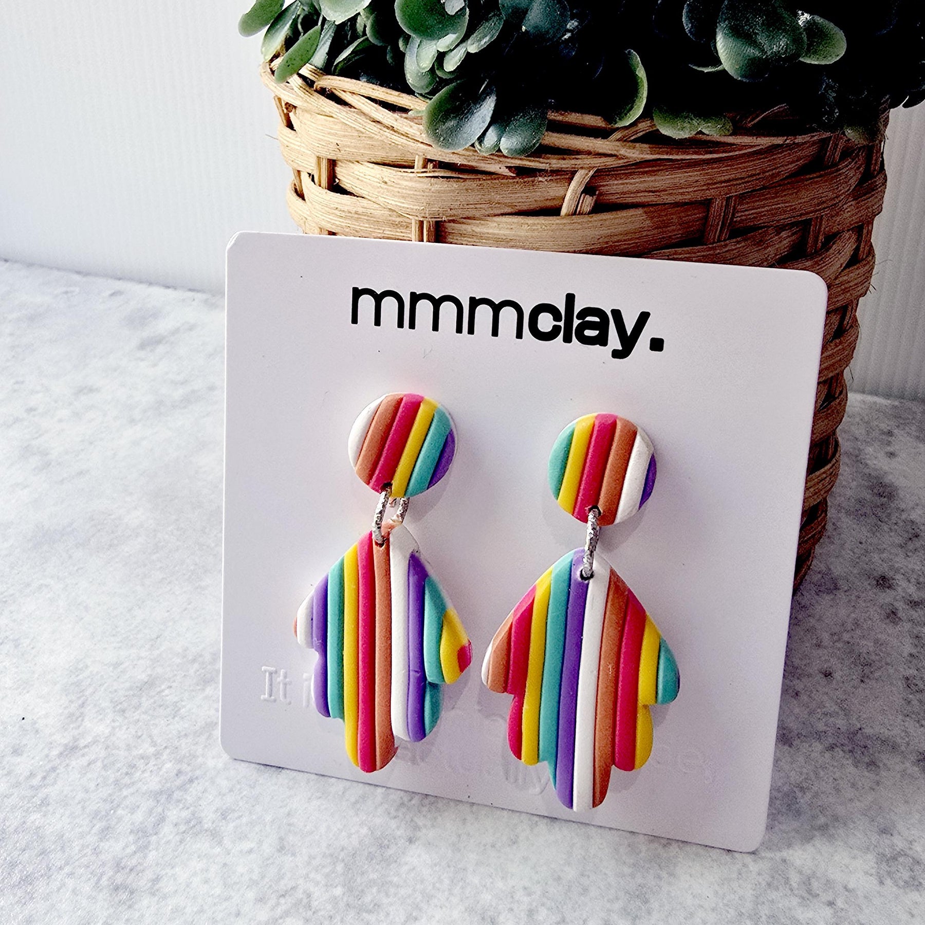 Rainbow Striped Polymer Clay Leaf Dangle Earrings