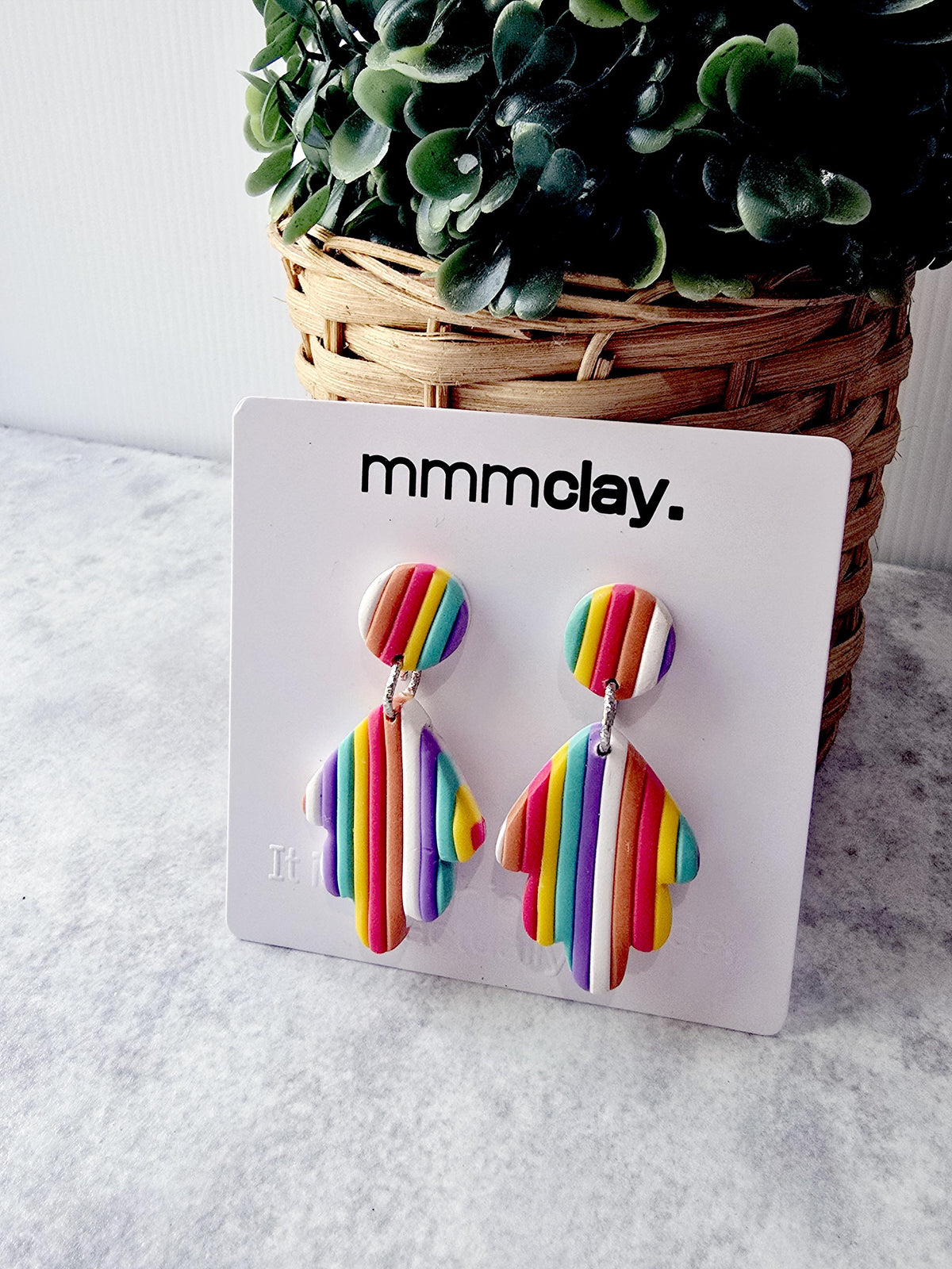 Rainbow Striped Leaf Drop Earrings | Handmade Polymer Clay